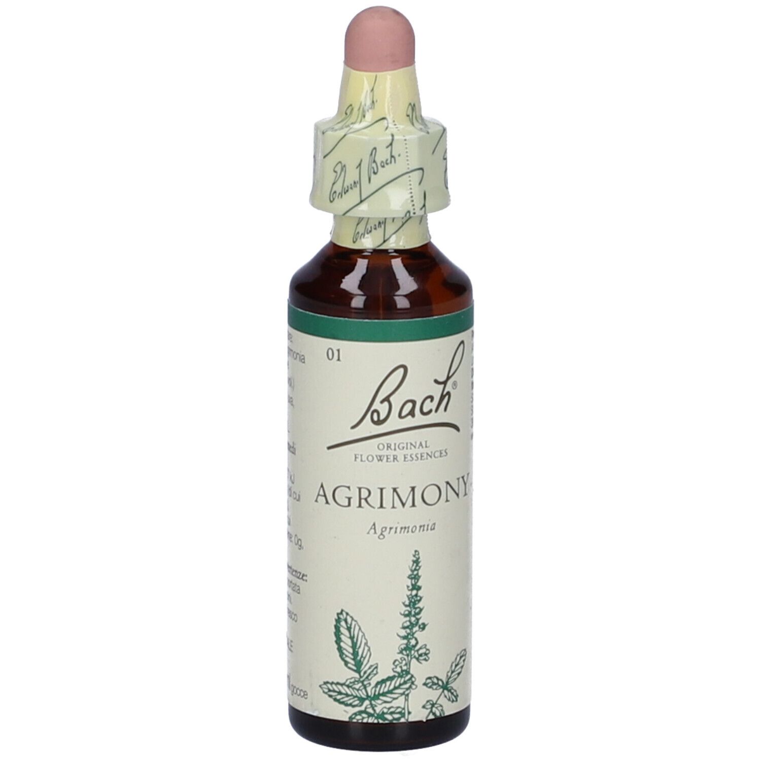 Flacone di vetro marrone con contagocce. Etichetta con "Bach" e "Agrimony".