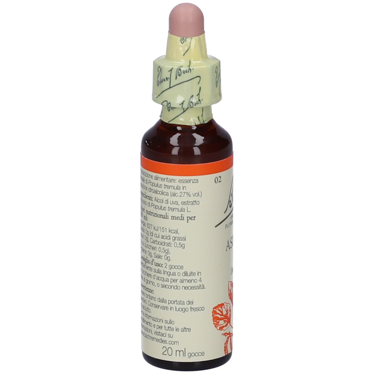 Flacone di vetro marrone con contagocce. Etichetta con testo italiano. Tappo rosa. 20 ml.