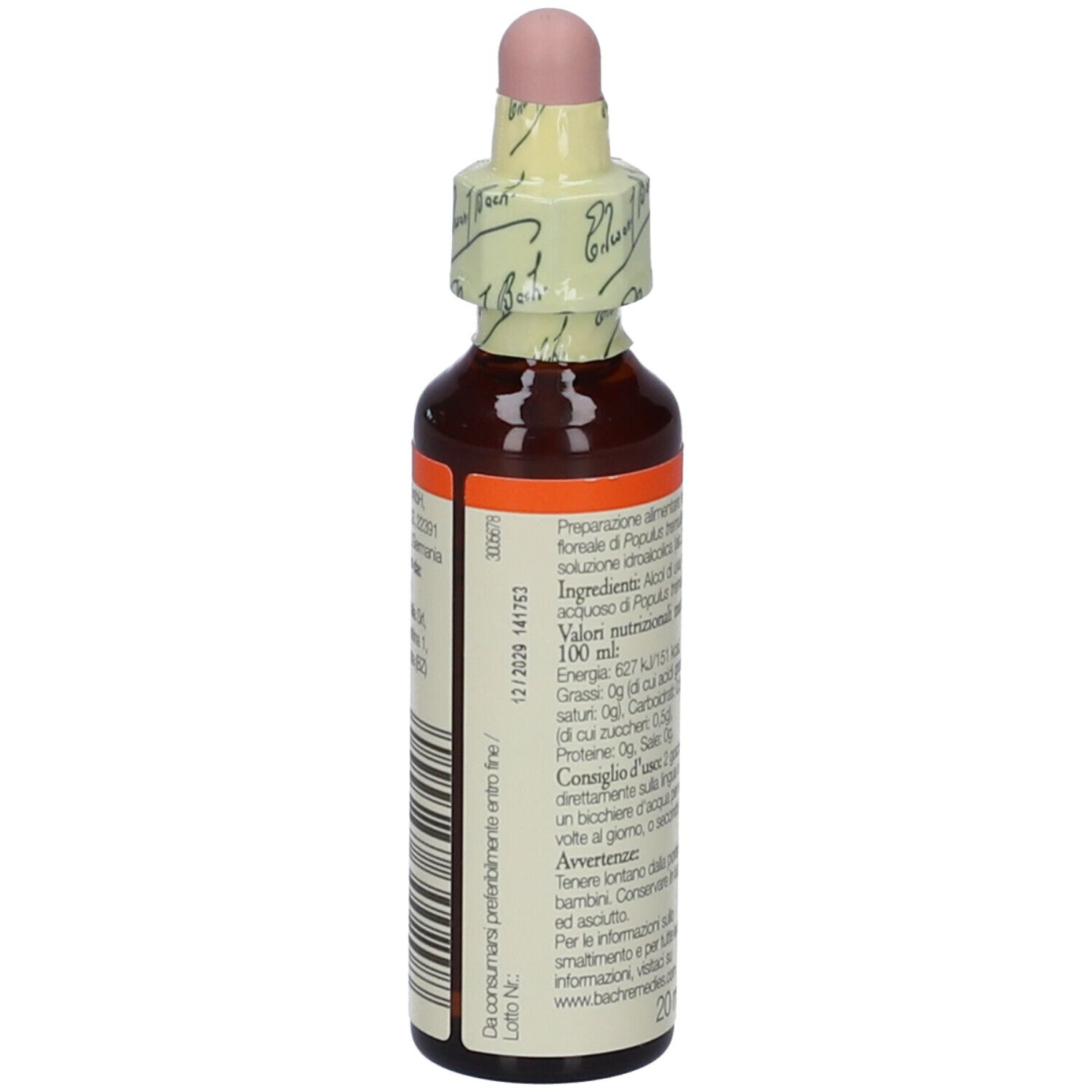 Flacone di vetro marrone con contagocce. Etichetta con testo italiano. Tappo rosa. Numero di lotto.
