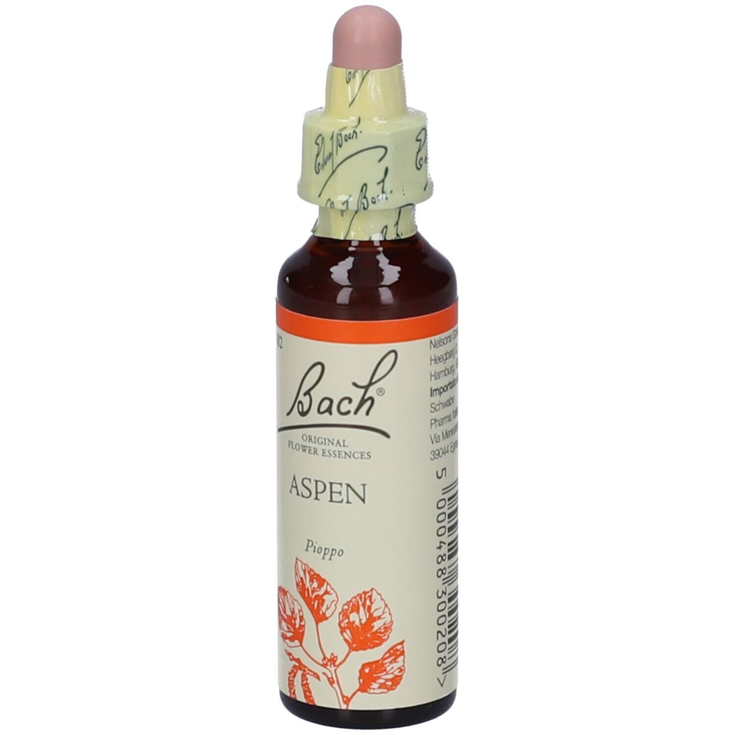Flacone di vetro marrone con contagocce. Etichetta con "Bach" e "Aspen". Striscia arancione. Tappo rosa.
