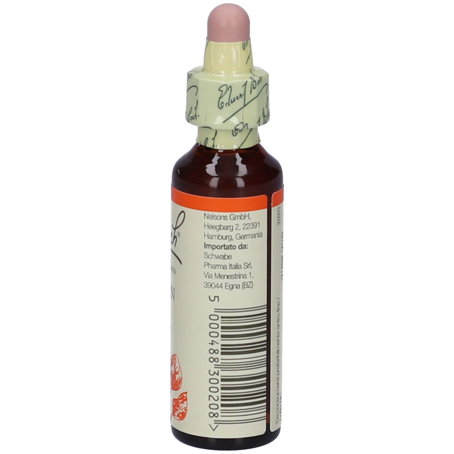 Flacone di vetro marrone con contagocce. Etichetta con testo italiano. Tappo rosa. Codice a barre.