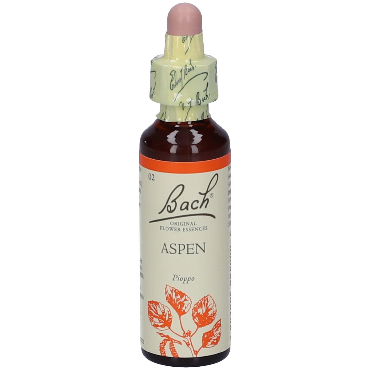 Flacone di vetro marrone con contagocce. Etichetta con "Bach" e "Aspen". Striscia arancione. Tappo rosa.
