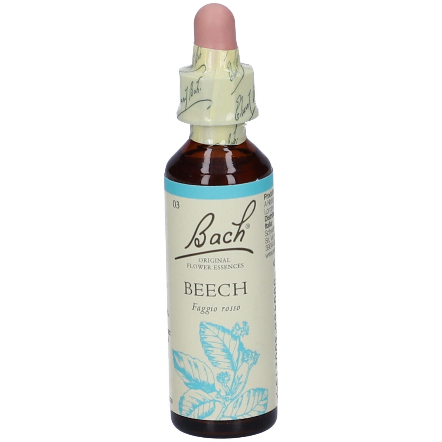Flacone di vetro marrone con contagocce. Scritta: Bach, Beech. Striscia azzurra e disegno di pianta.