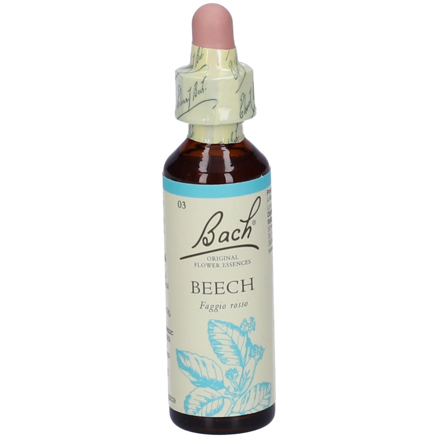 Flacone di vetro marrone con contagocce. Scritta: Bach, Beech. Striscia azzurra e disegno di pianta.