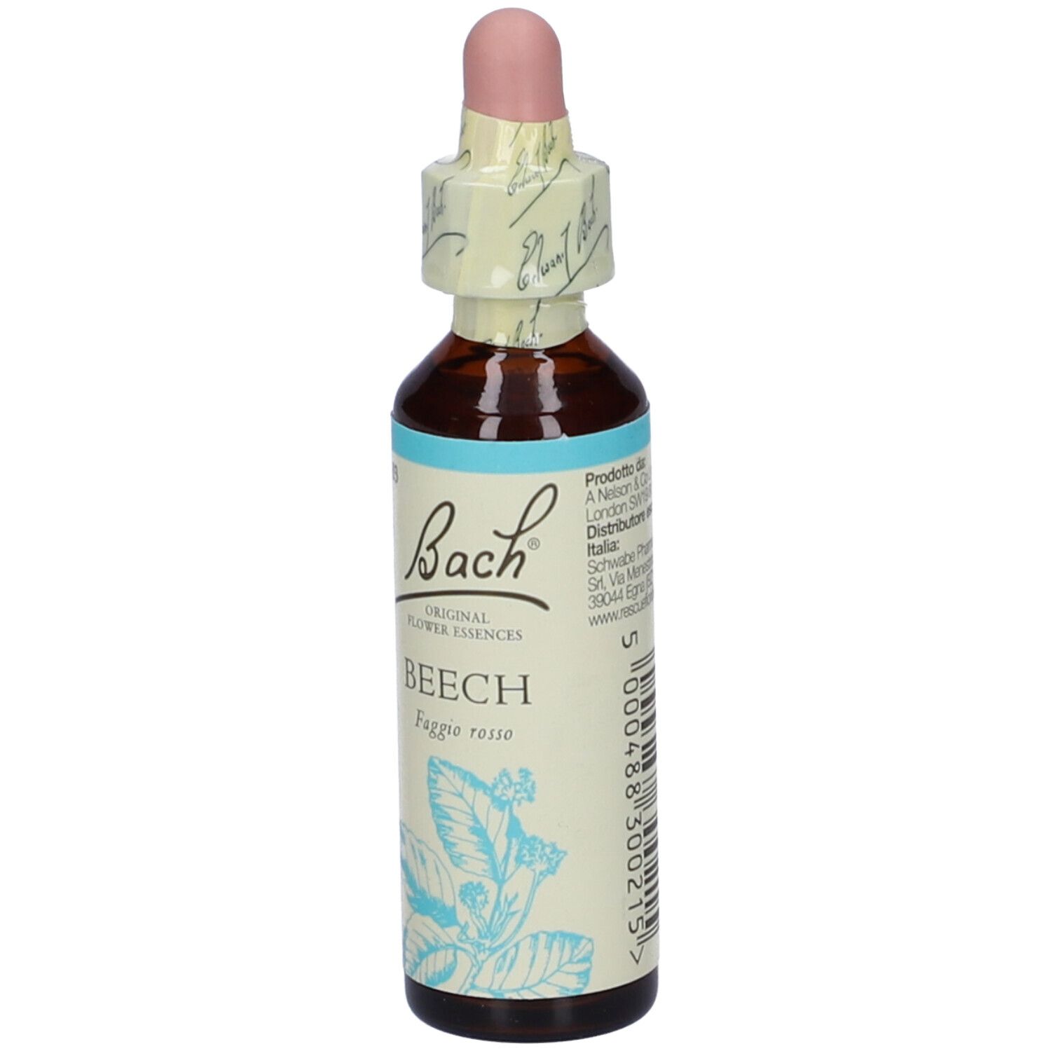 Flacone di vetro marrone con contagocce. Scritta: Bach, Beech. Striscia azzurra e disegno di pianta.