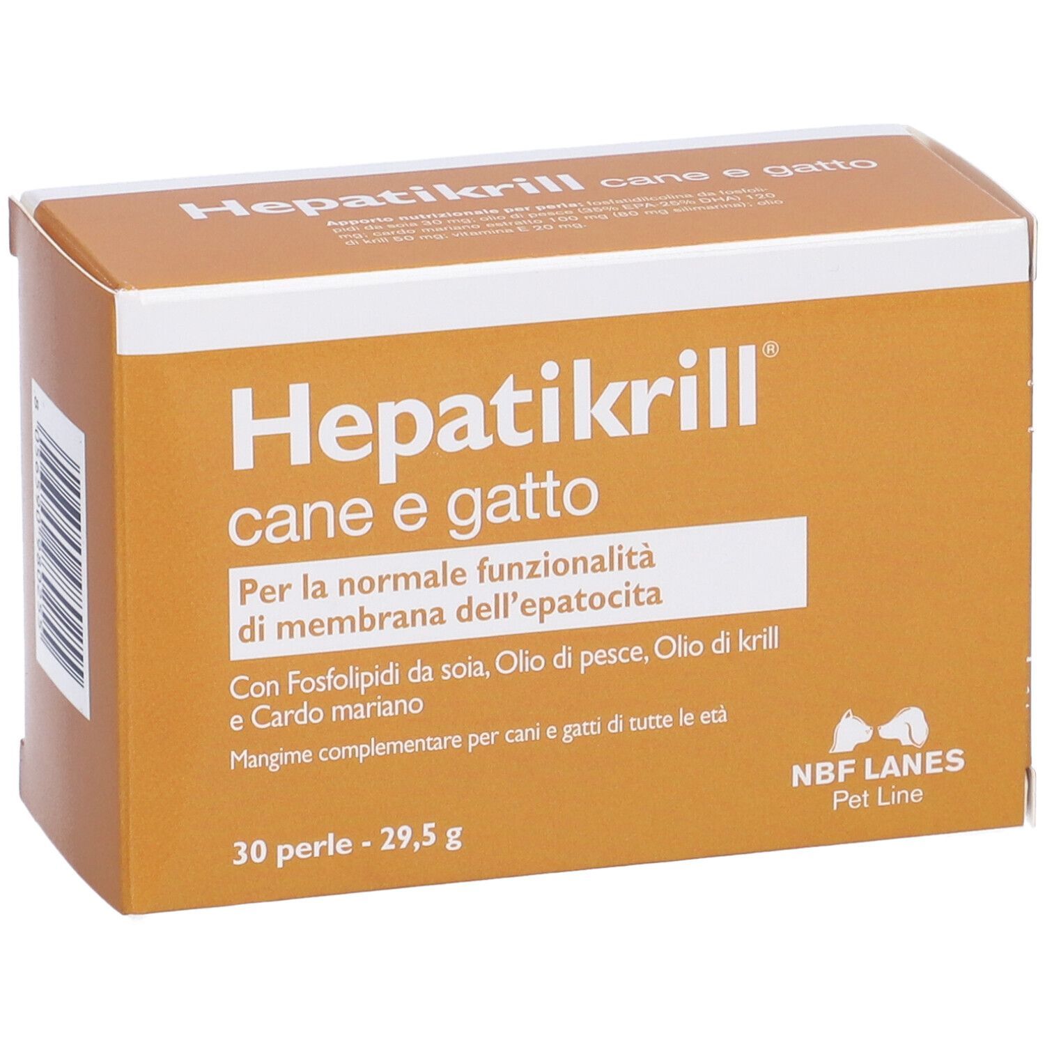 Scatola marrone con nome e testo del prodotto. Contiene 30 perle. Marchio: Hepatikrill cane e gatto.