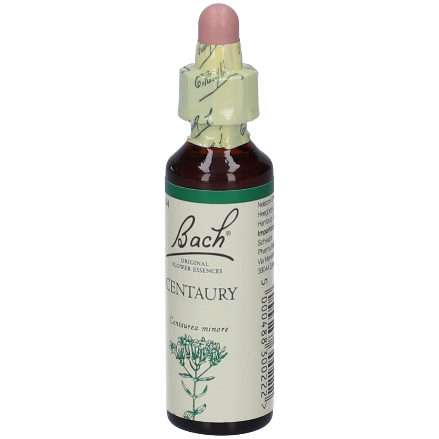 Flacone di vetro marrone con tappo rosa ed etichetta. L'etichetta riporta "Bach" e "Centaury".