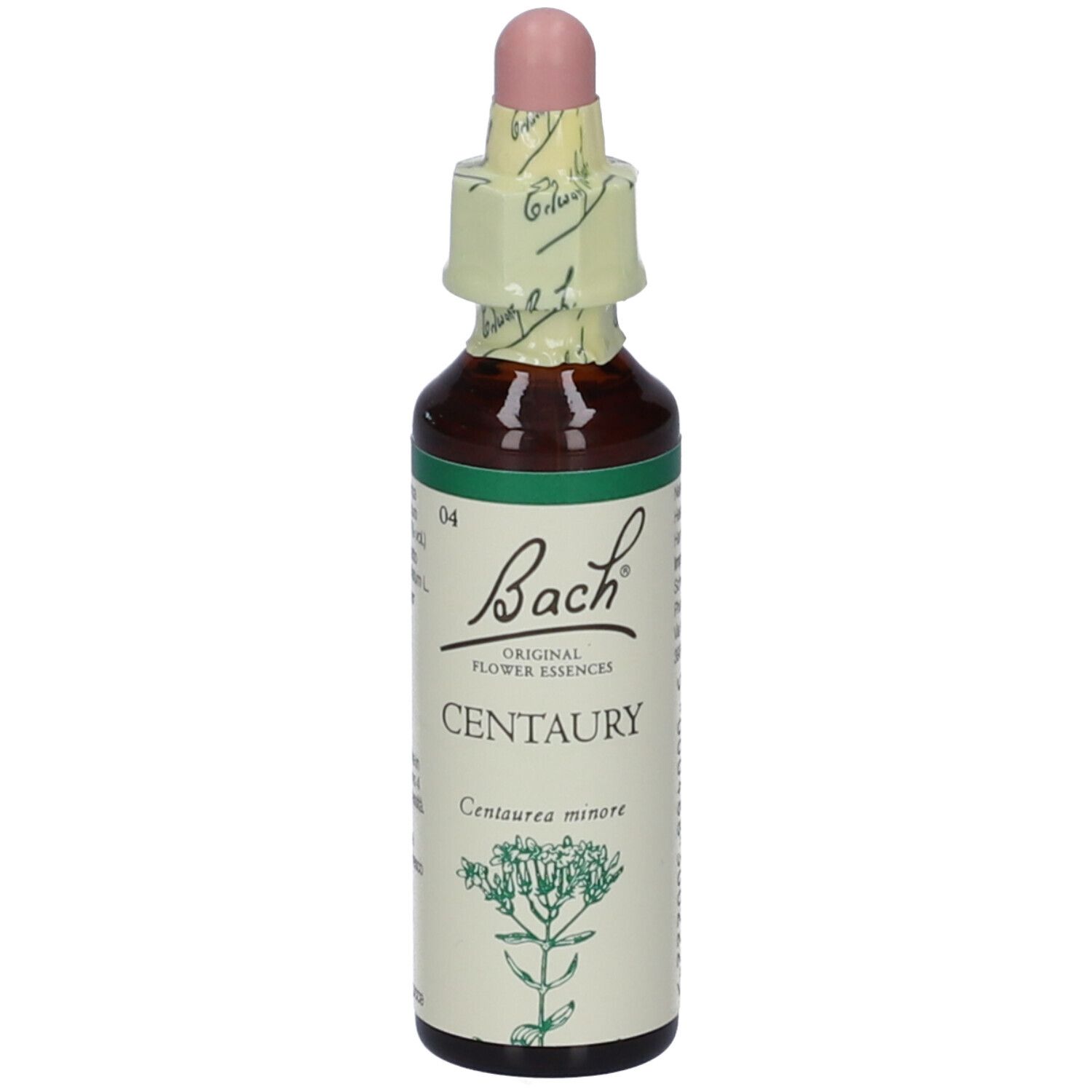 Flacone di vetro marrone con tappo rosa ed etichetta. L'etichetta riporta "Bach" e "Centaury".