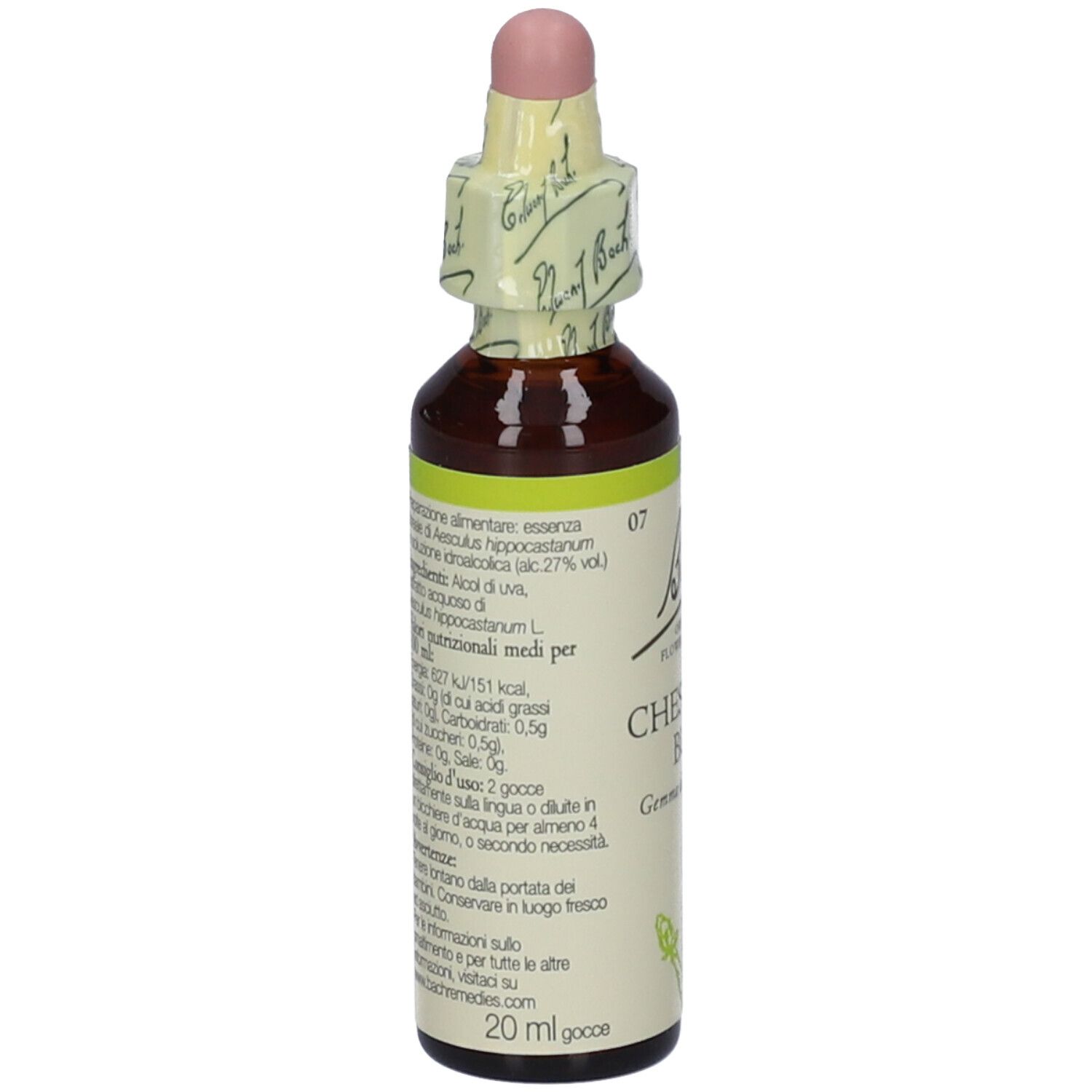 Flacone di vetro marrone con etichetta. Testo: informazioni nutrizionali, 20 ml, Bach, Chestnut Bud.