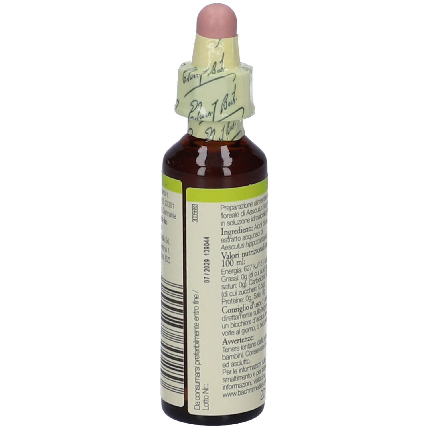 Flacone di vetro marrone con etichetta. Testo: scadenza, ingredienti, Bach, Chestnut Bud.