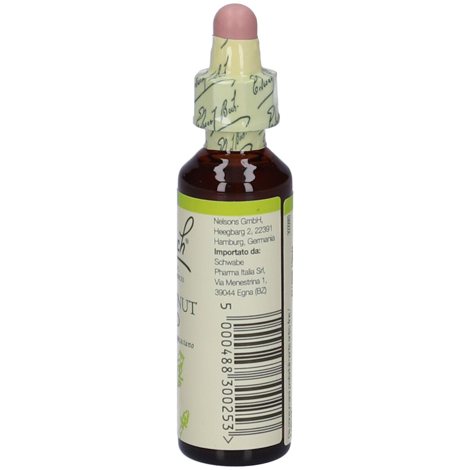 Flacone di vetro marrone con etichetta. Testo: produttore, importatore, Bach, Chestnut Bud.