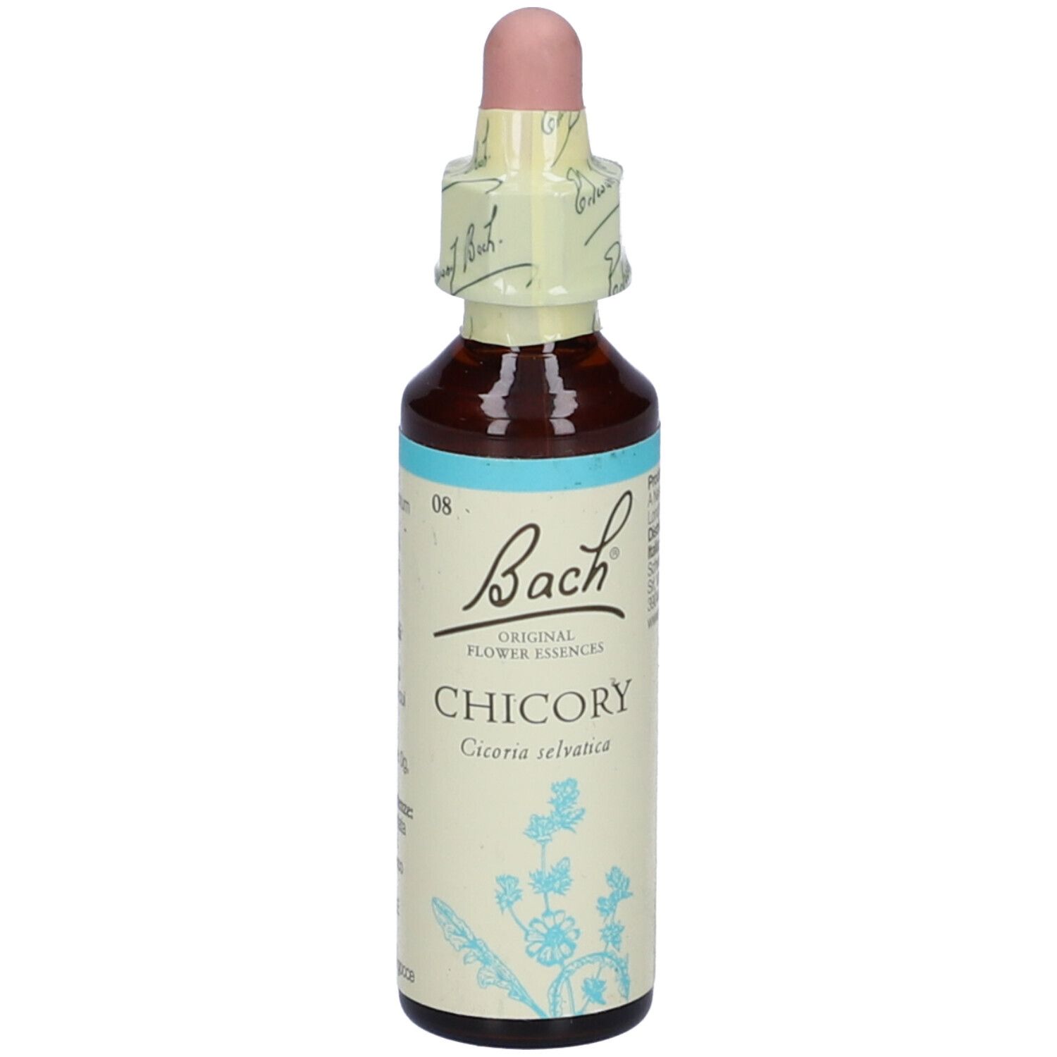 Flacone di vetro marrone con contagocce e fascetta di carta. Scritta: Bach, Chicory. Striscia azzurra.