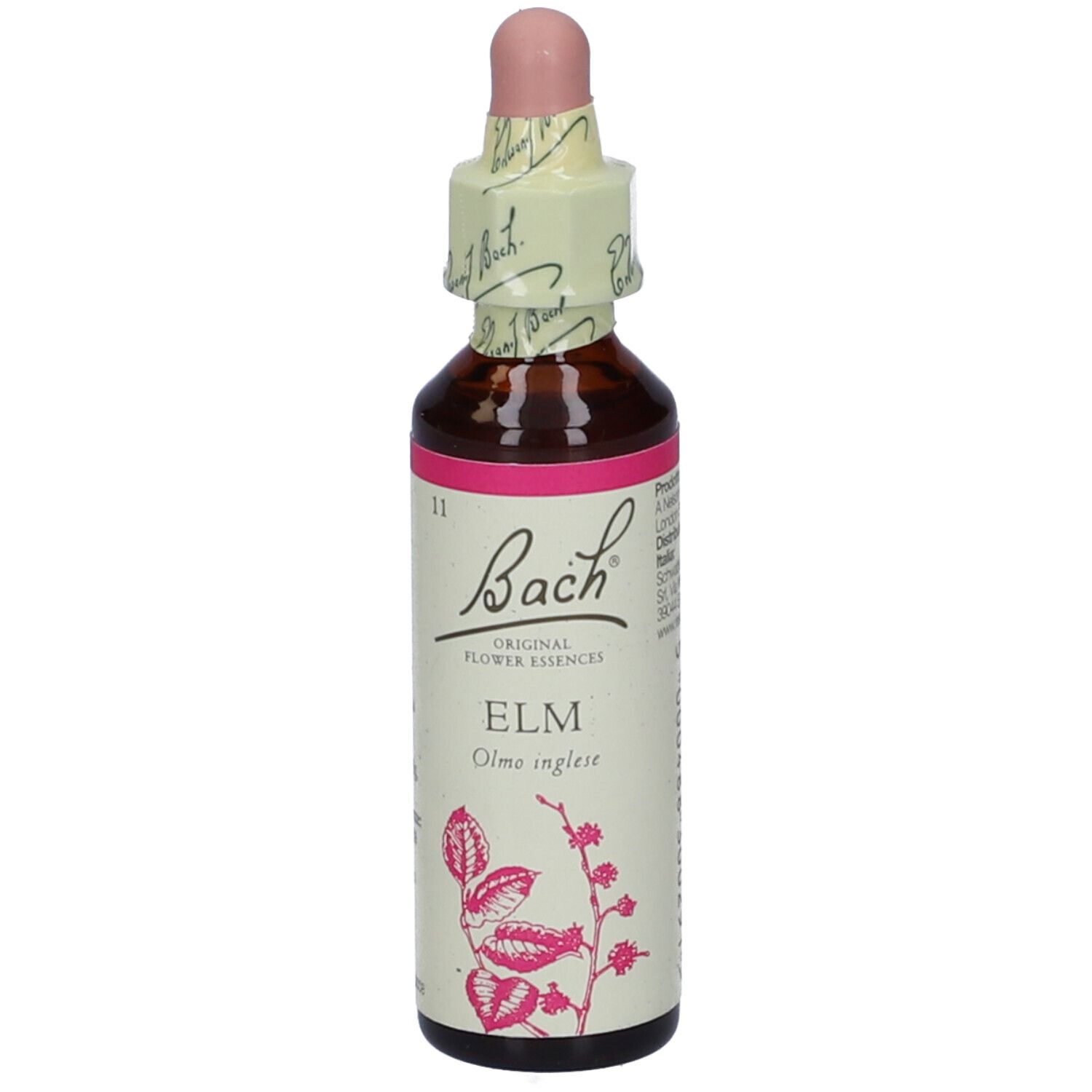 Flacone di vetro marrone con etichetta rosa e contagocce. Scritta: Bach Original Flower Essences, Elm. Con chiusura di carta.