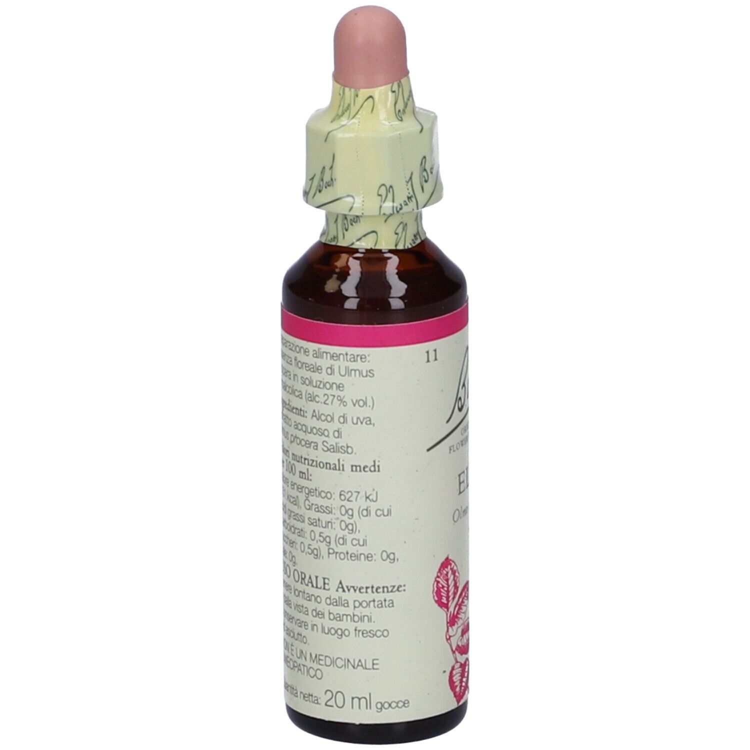 Flacone di vetro marrone con etichetta rosa e contagocce. Scritta: Bach Original Flower Essences, Elm. Vista dettagliata.