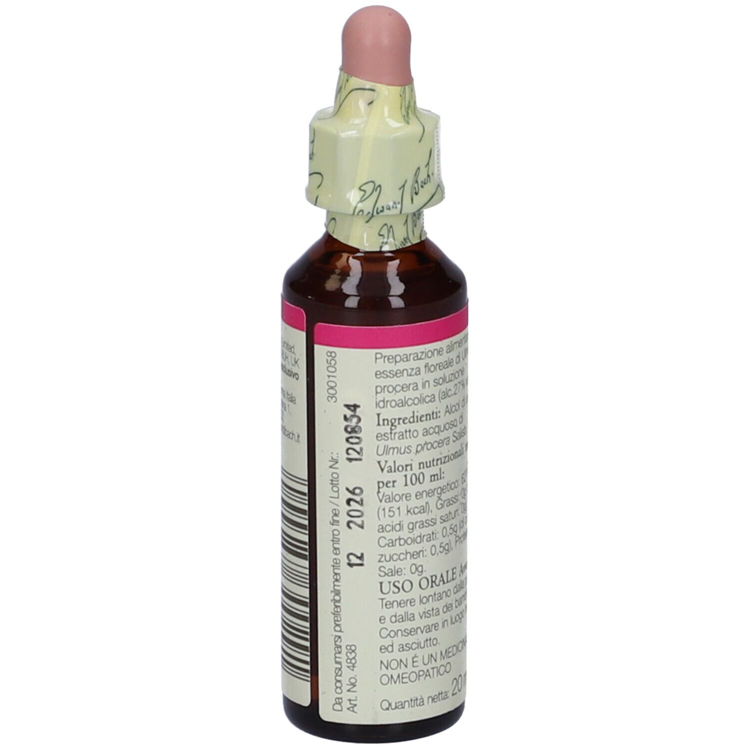Flacone di vetro marrone con etichetta rosa e contagocce. Scritta: Bach Original Flower Essences, Elm. Retro con testo.