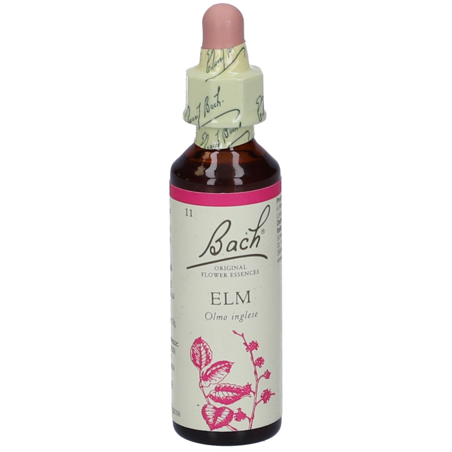 Flacone di vetro marrone con etichetta rosa e contagocce. Scritta: Bach Original Flower Essences, Elm. Retro con testo.