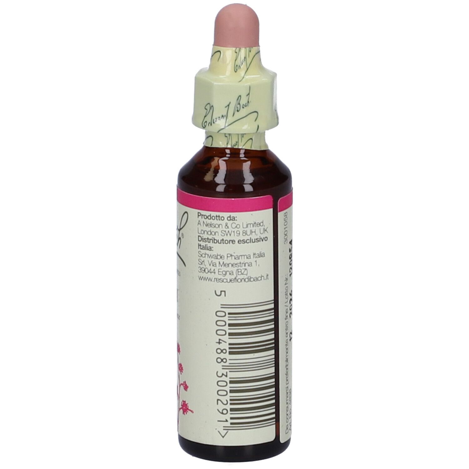 Flacone di vetro marrone con etichetta rosa e contagocce. Scritta: Bach Original Flower Essences, Elm. Vista dettagliata.