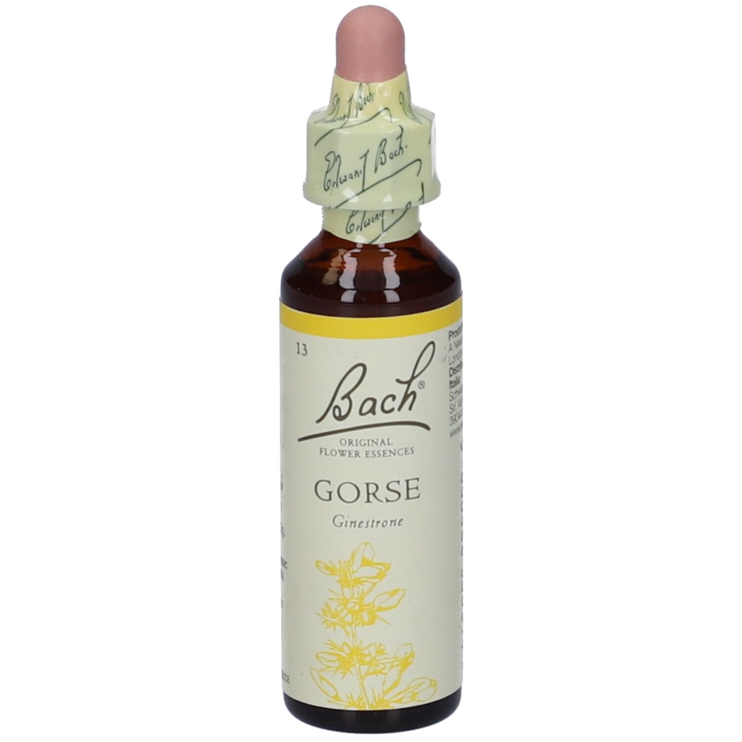 Flacone di vetro marrone con contagocce e sigillo. Etichetta con nome del prodotto e illustrazione floreale. Marchio Bach.