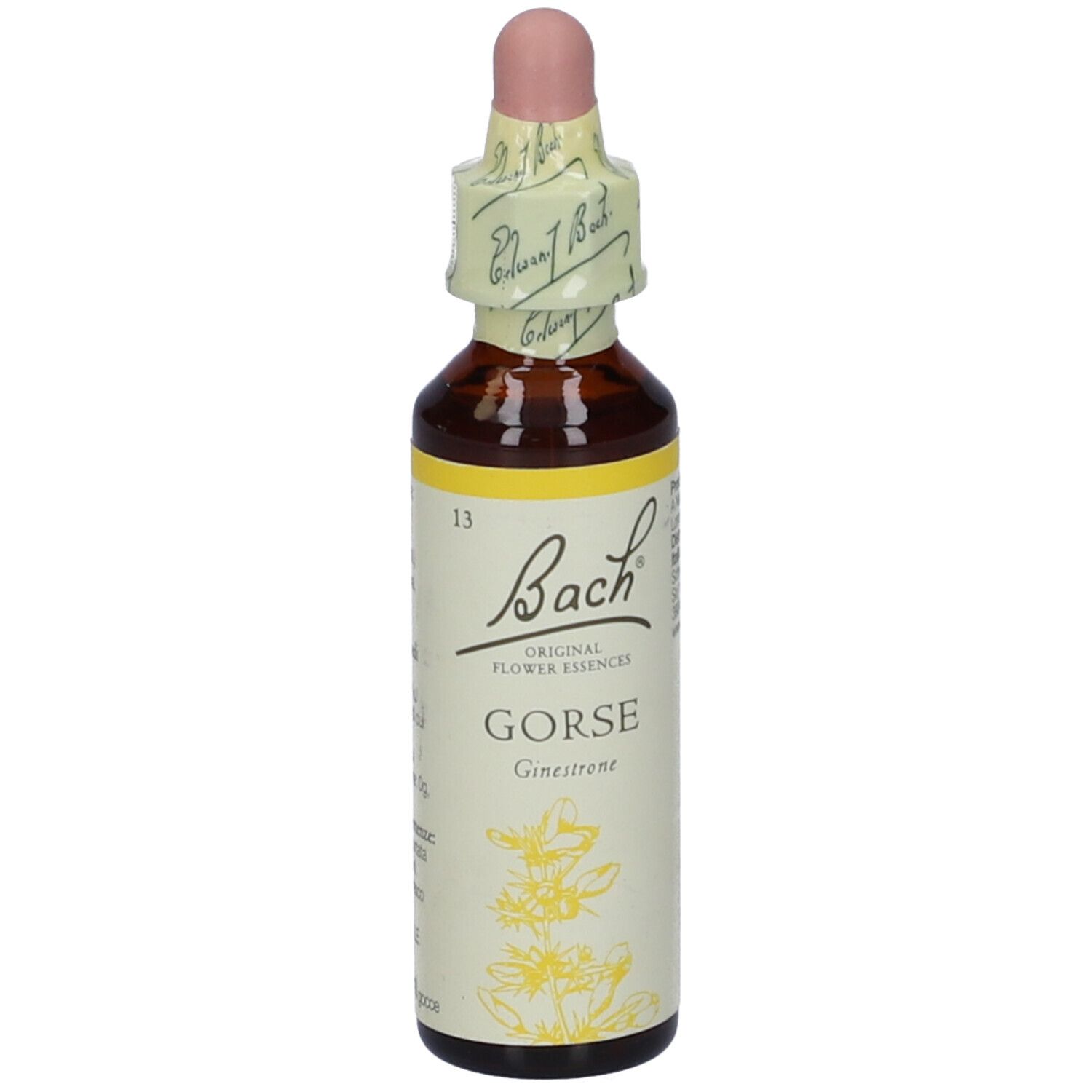 Flacone di vetro marrone con contagocce e sigillo. Etichetta con nome del prodotto e illustrazione floreale. Marchio Bach.