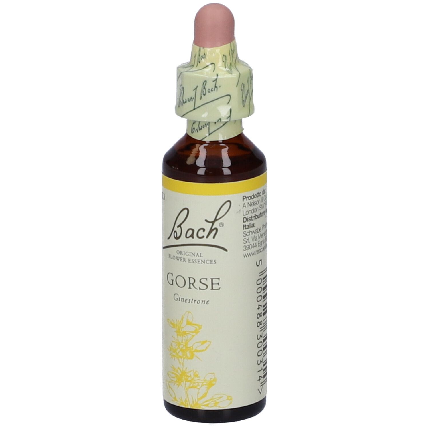 Flacone di vetro marrone con contagocce e sigillo. Etichetta con nome del prodotto e illustrazione floreale. Marchio Bach.