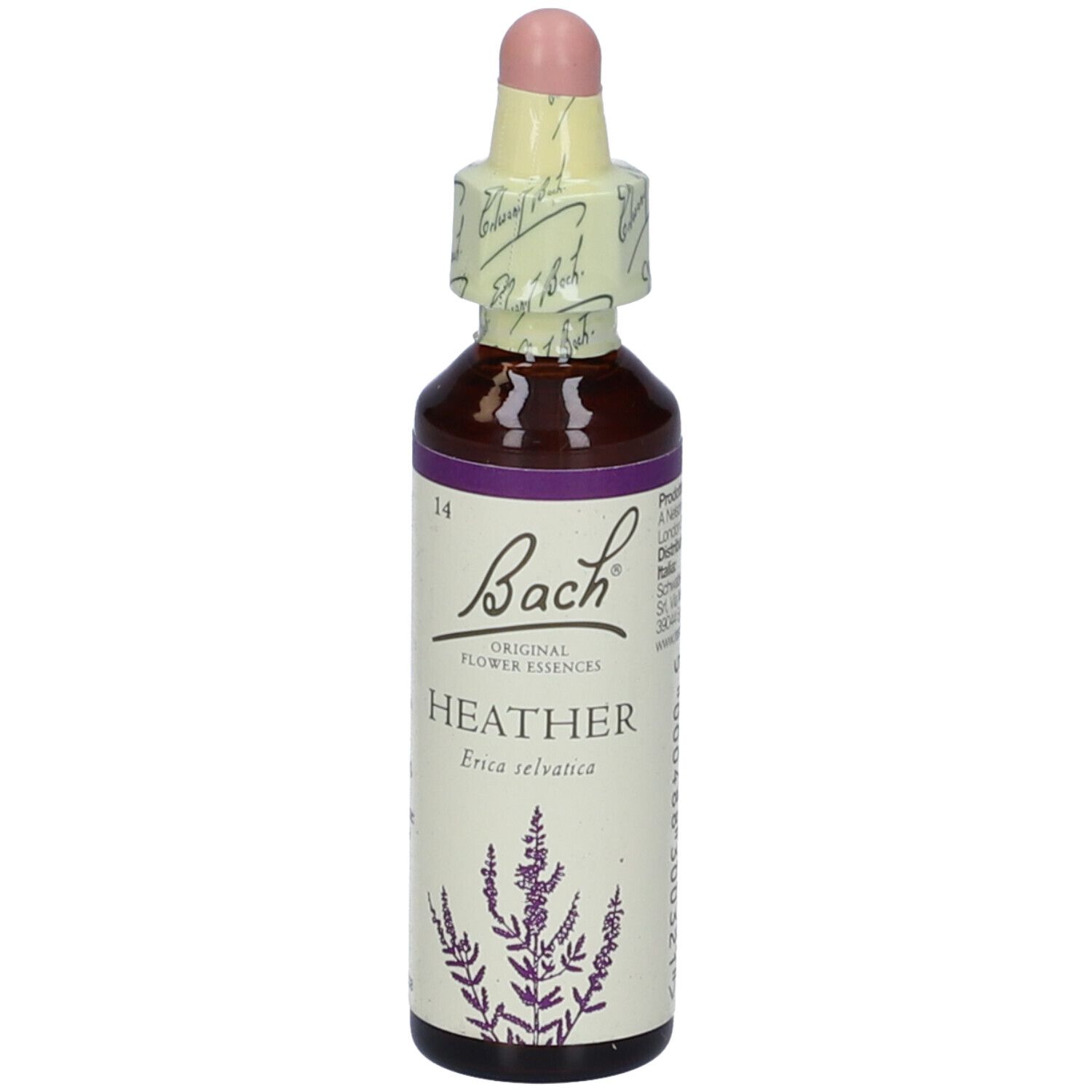 Flacone di vetro marrone con contagocce e sigillo. Scritta: Bach Heather. Etichetta viola con illustrazione di pianta.