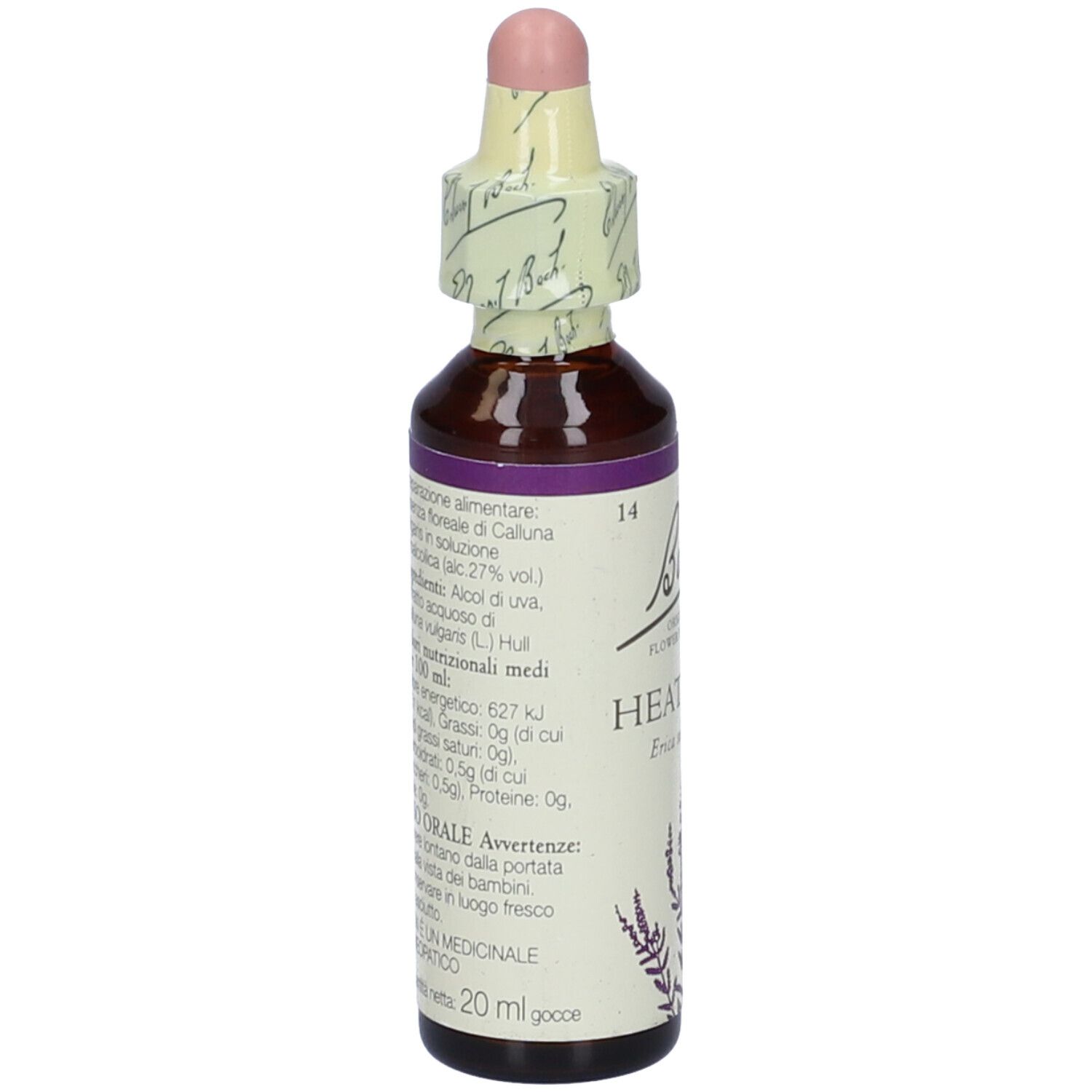 Flacone di vetro marrone con contagocce e sigillo. Scritta: Bach Heather. Etichetta con informazioni sul contenuto.