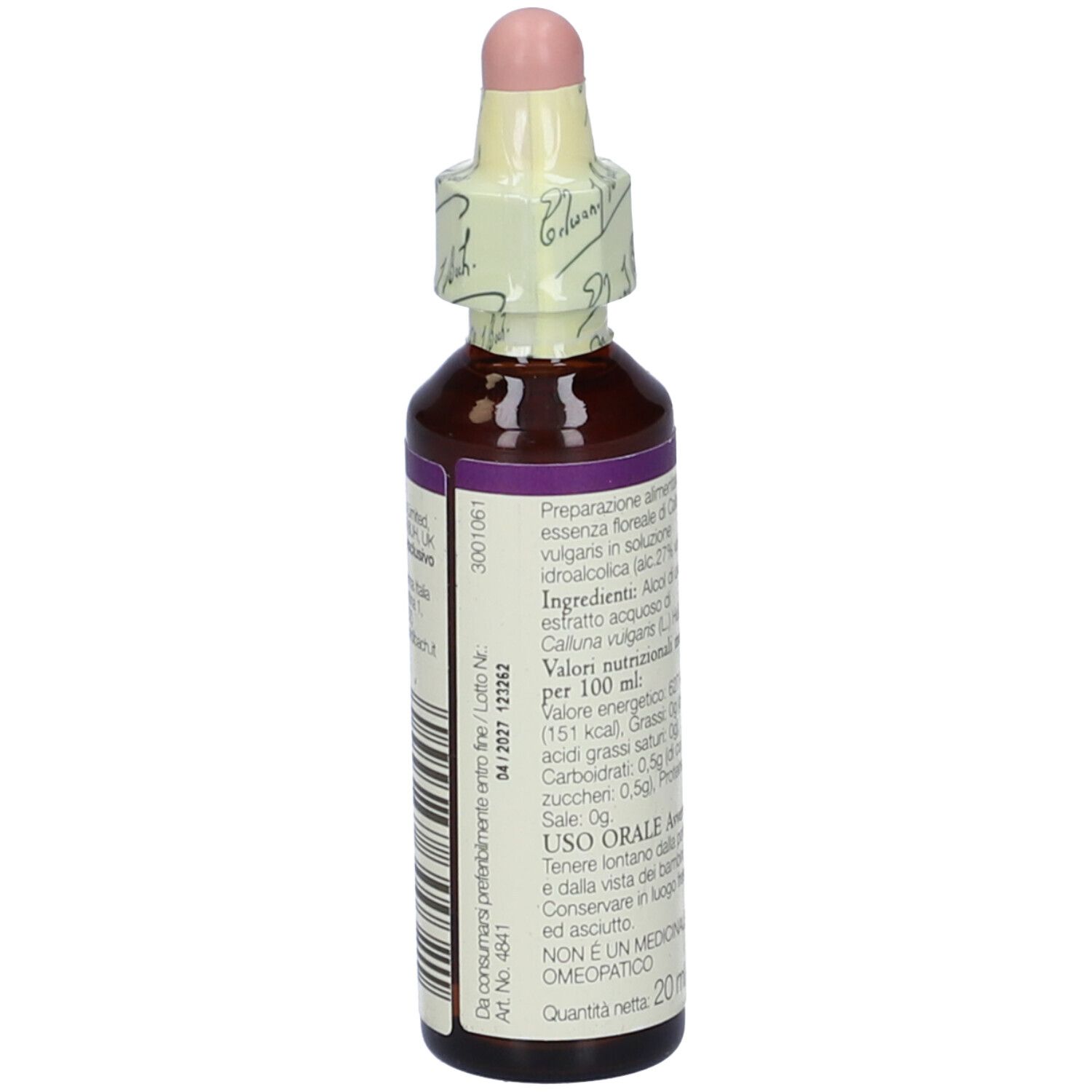 Flacone di vetro marrone con contagocce e sigillo. Scritta: Bach Heather. Etichetta con informazioni sul contenuto.