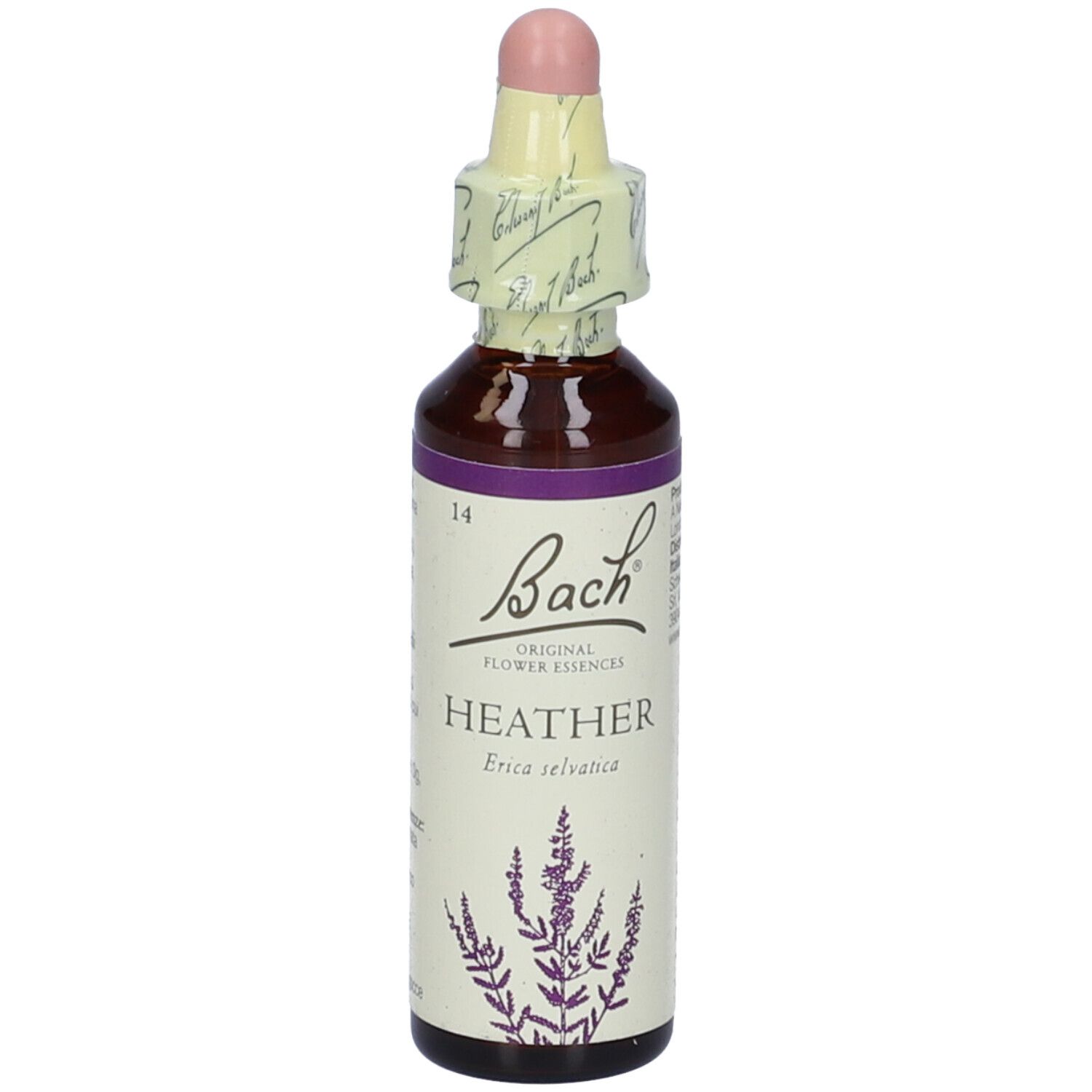 Flacone di vetro marrone con contagocce e sigillo. Scritta: Bach Heather. Etichetta viola con illustrazione di pianta.