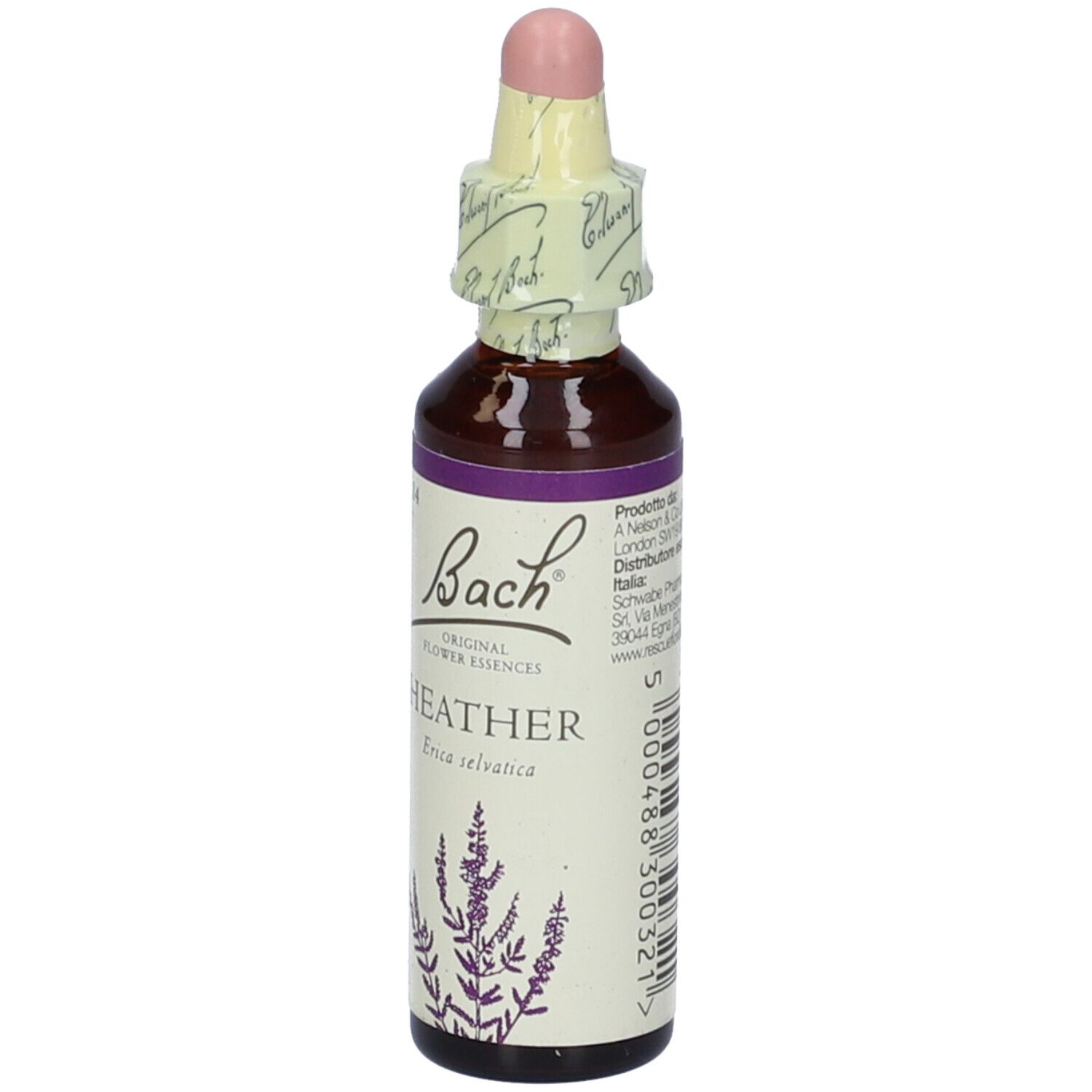 Flacone di vetro marrone con contagocce e sigillo. Scritta: Bach Heather. Etichetta con informazioni sul prodotto.