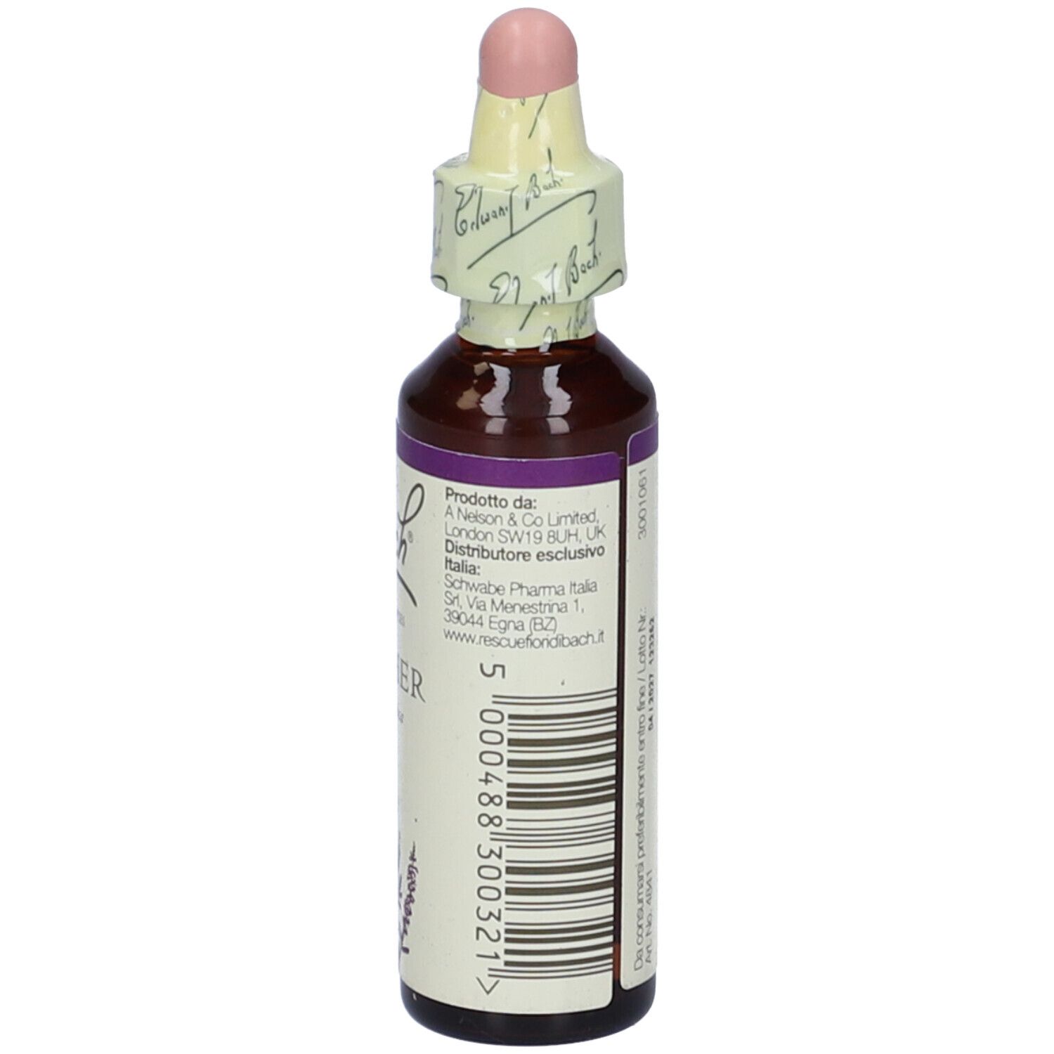 Flacone di vetro marrone con contagocce e sigillo. Scritta: Bach Heather. Etichetta con informazioni sul prodotto.
