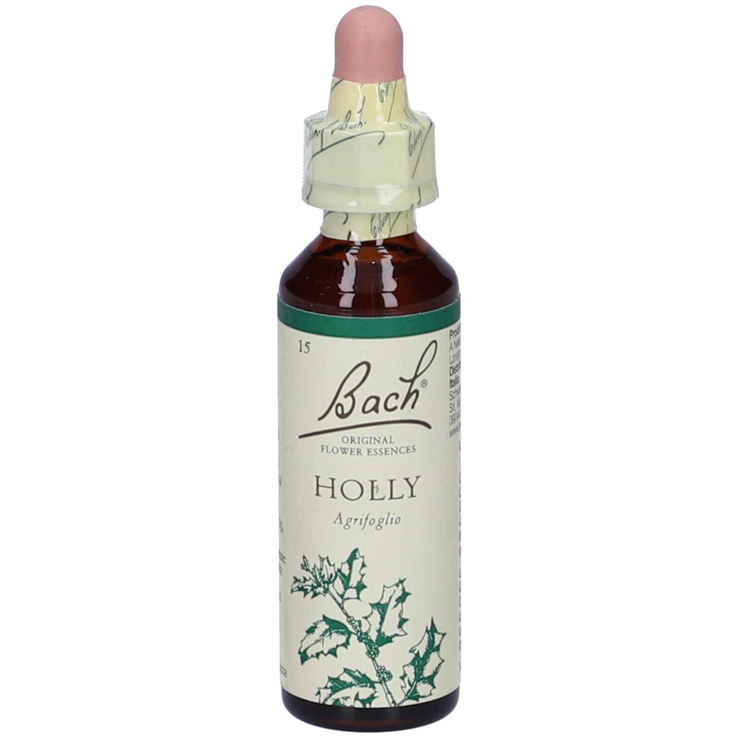 Flacone di vetro marrone con contagocce rosa e chiusura di carta. Etichetta "Bach" e "HOLLY".