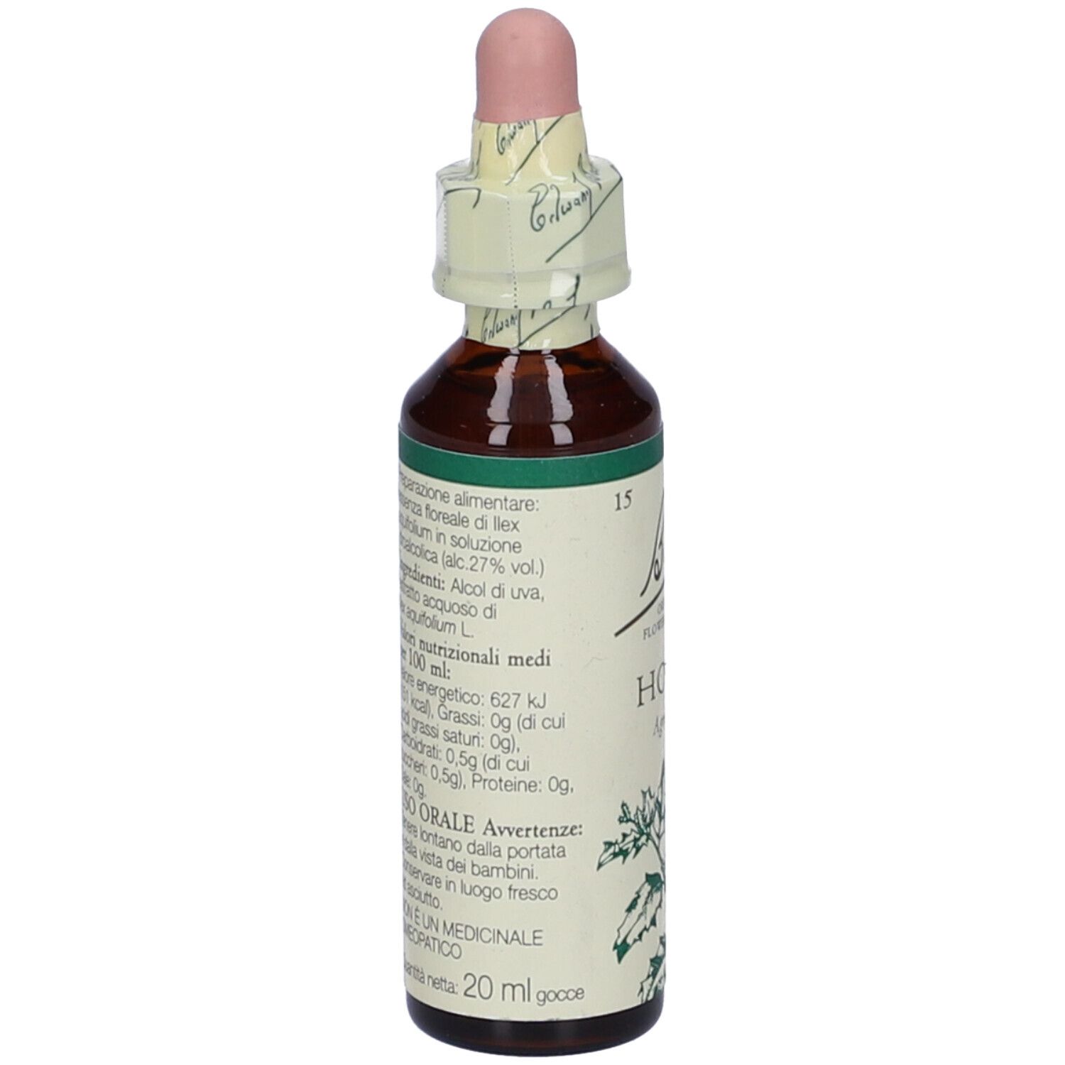 Flacone di vetro marrone con contagocce rosa. Etichetta con testo e "HOLLY". Retro con informazioni.