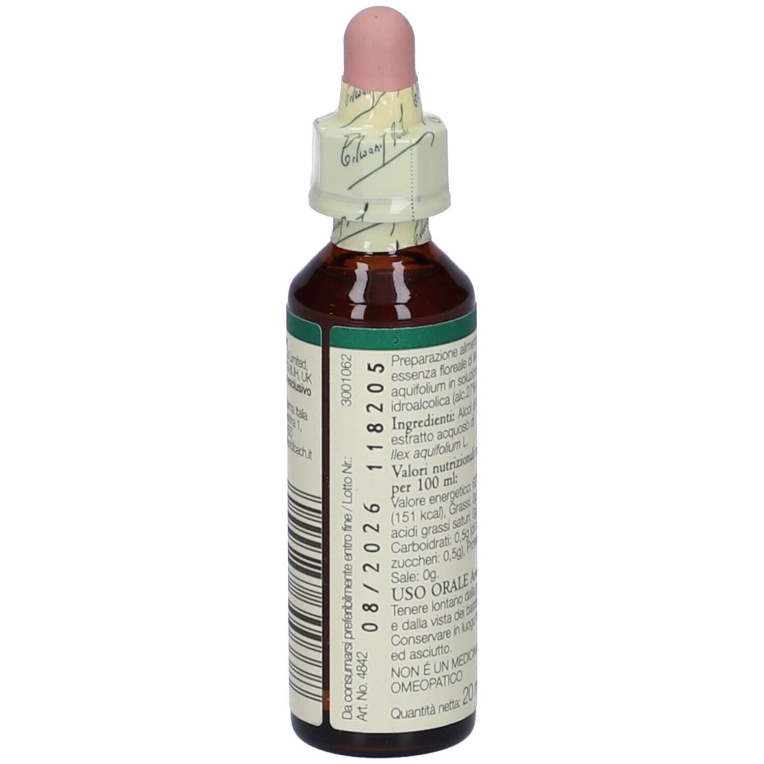 Flacone di vetro marrone con contagocce rosa. Etichetta con testo e "HOLLY". Retro con informazioni e data di scadenza.