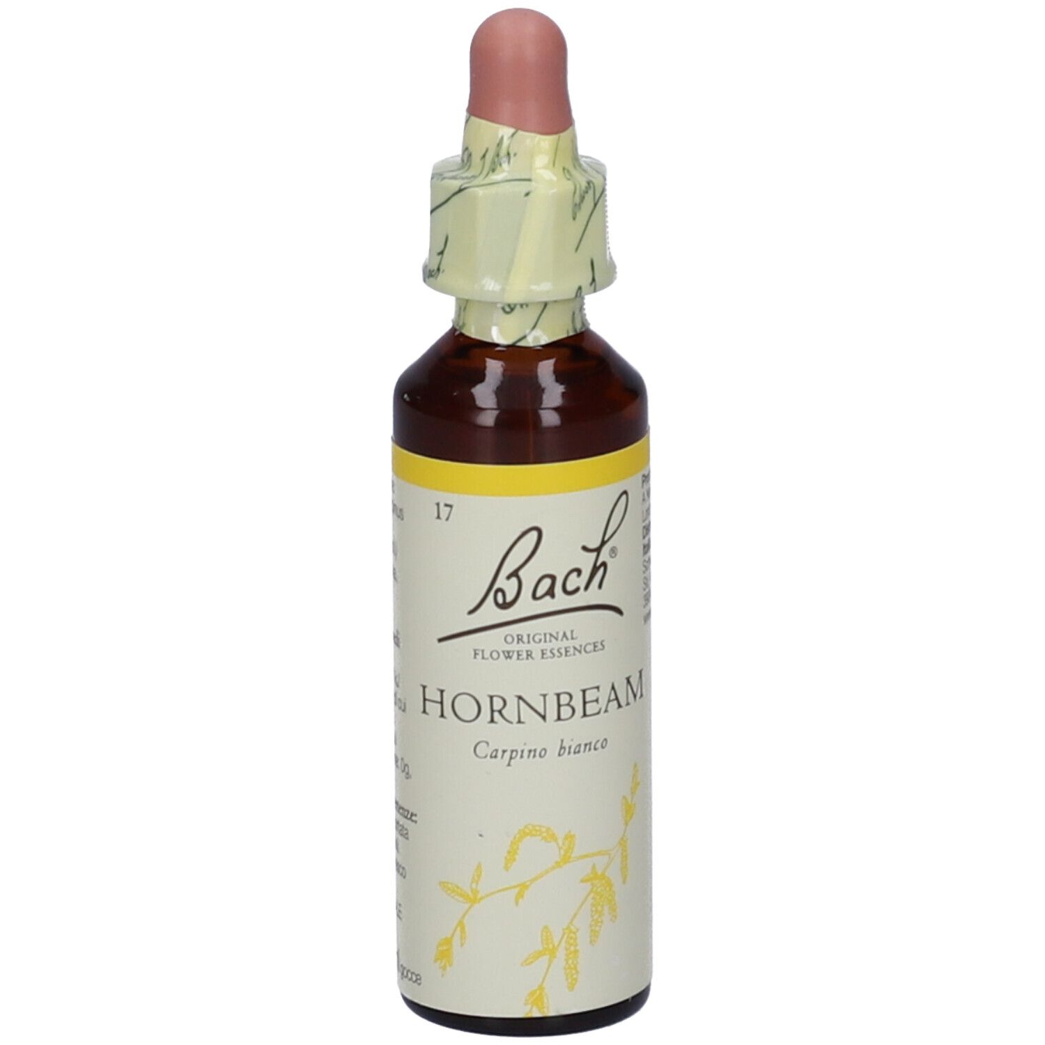 Flacone di vetro marrone con contagocce e chiusura in carta. Scritta: Bach HORNBEAM. Etichetta gialla.