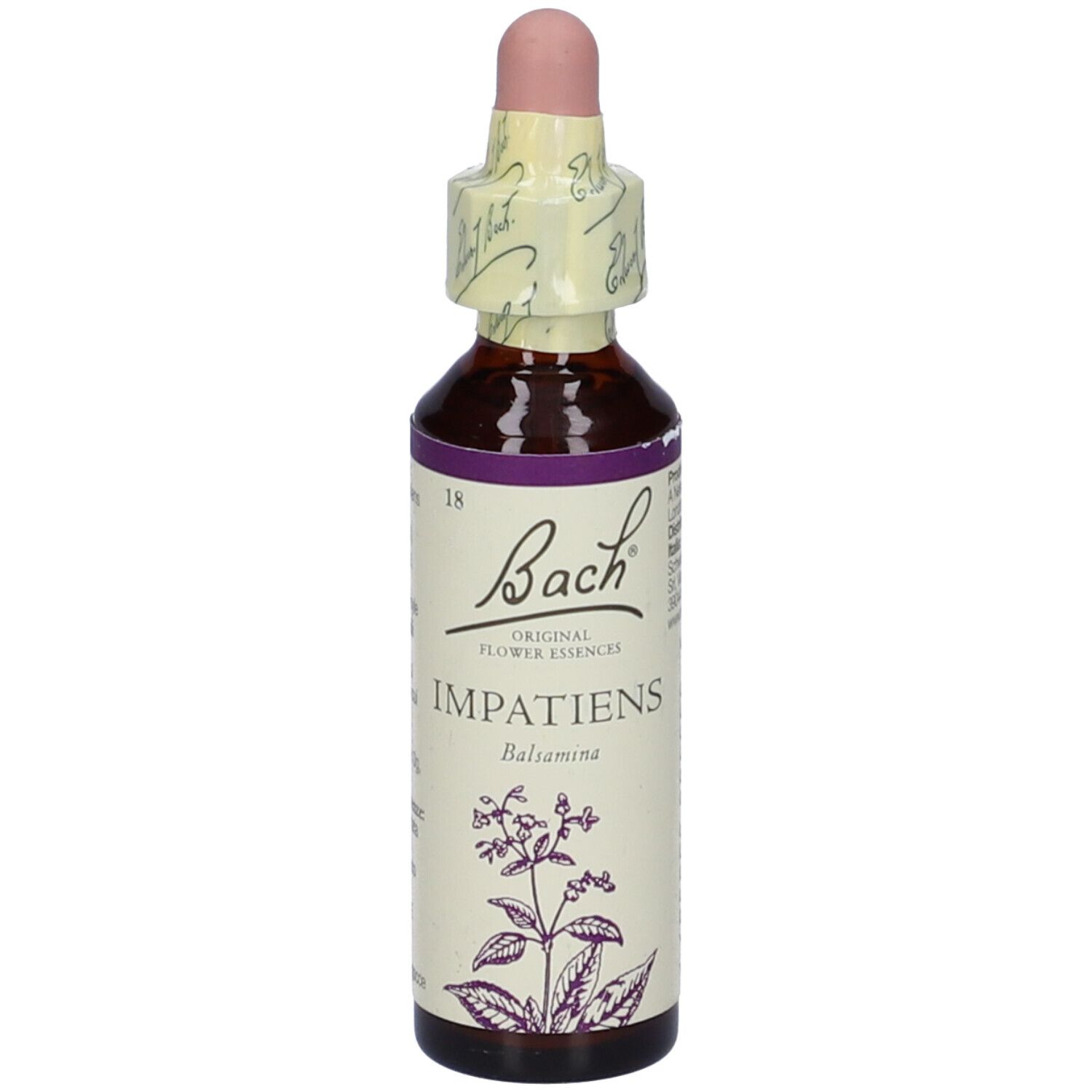 Flacone di vetro marrone con contagocce rosa. Etichetta con disegno floreale e scritta 'Impatiens'.