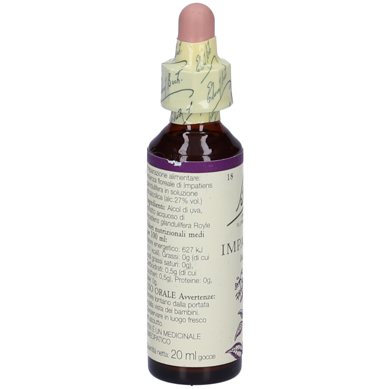 Flacone di vetro marrone con contagocce rosa. Etichetta con disegno floreale e scritta 'Impatiens'.