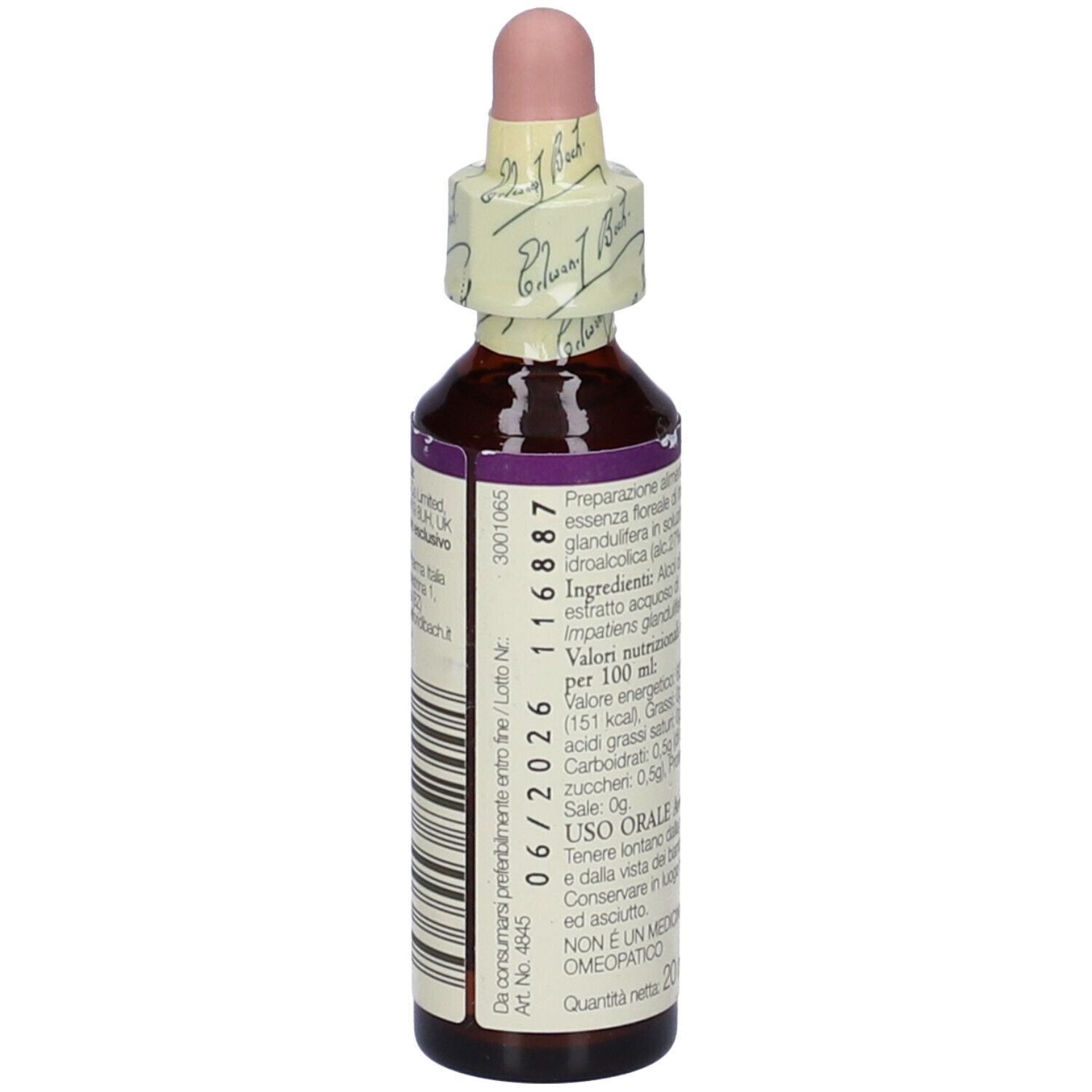 Flacone di vetro marrone con contagocce rosa. Etichetta con disegno floreale e scritta 'Impatiens'.