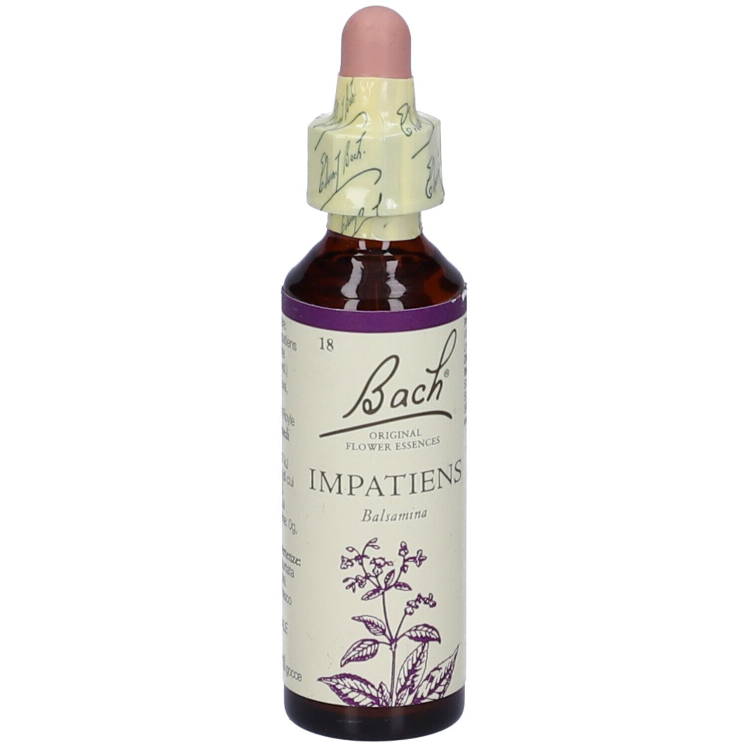 Flacone di vetro marrone con contagocce rosa. Etichetta con disegno floreale e scritta 'Impatiens'.