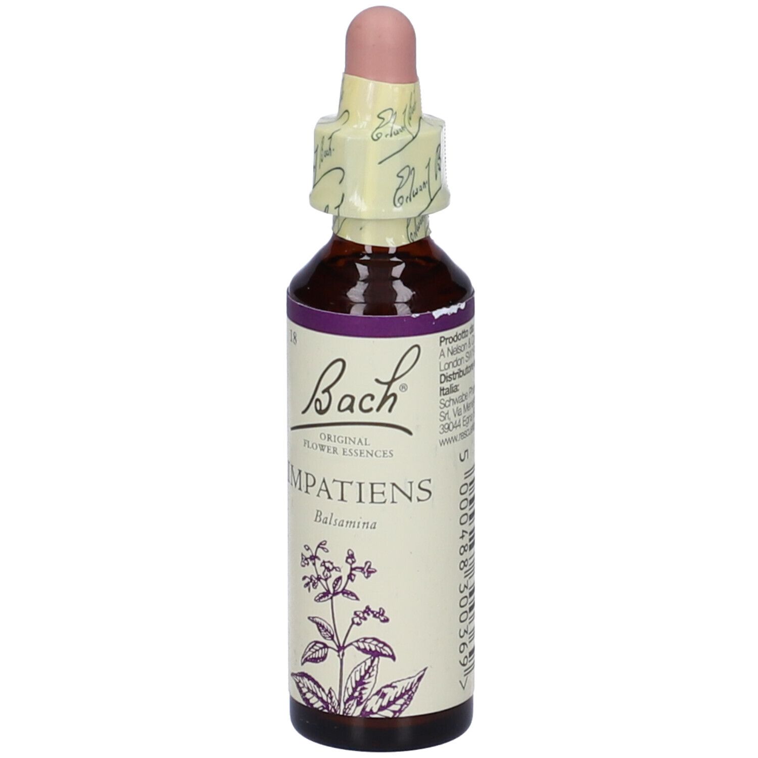 Flacone di vetro marrone con contagocce rosa. Etichetta con disegno floreale e scritta 'Impatiens'.