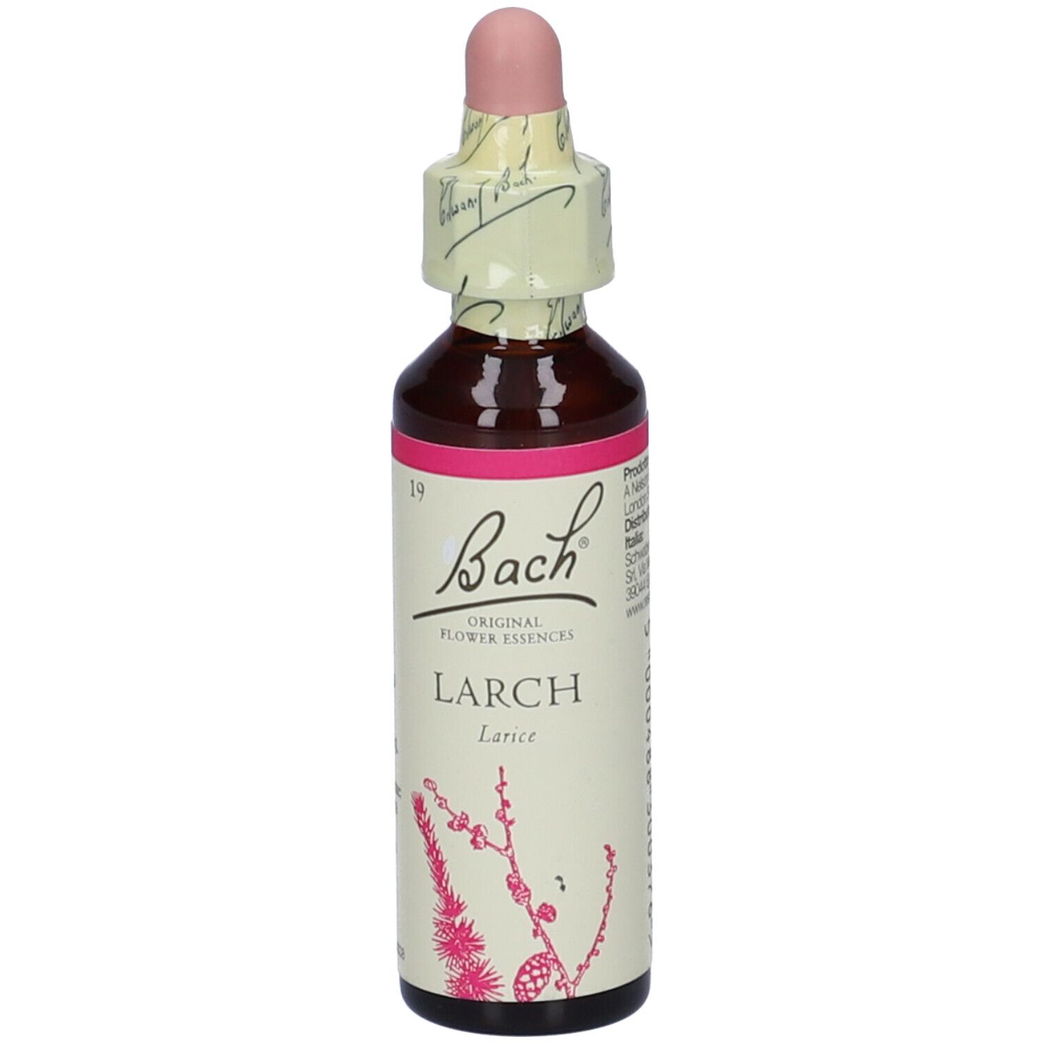 Flacone di vetro marrone con etichetta rosa. Scritta: Bach Larch. Con contagocce e chiusura di carta.