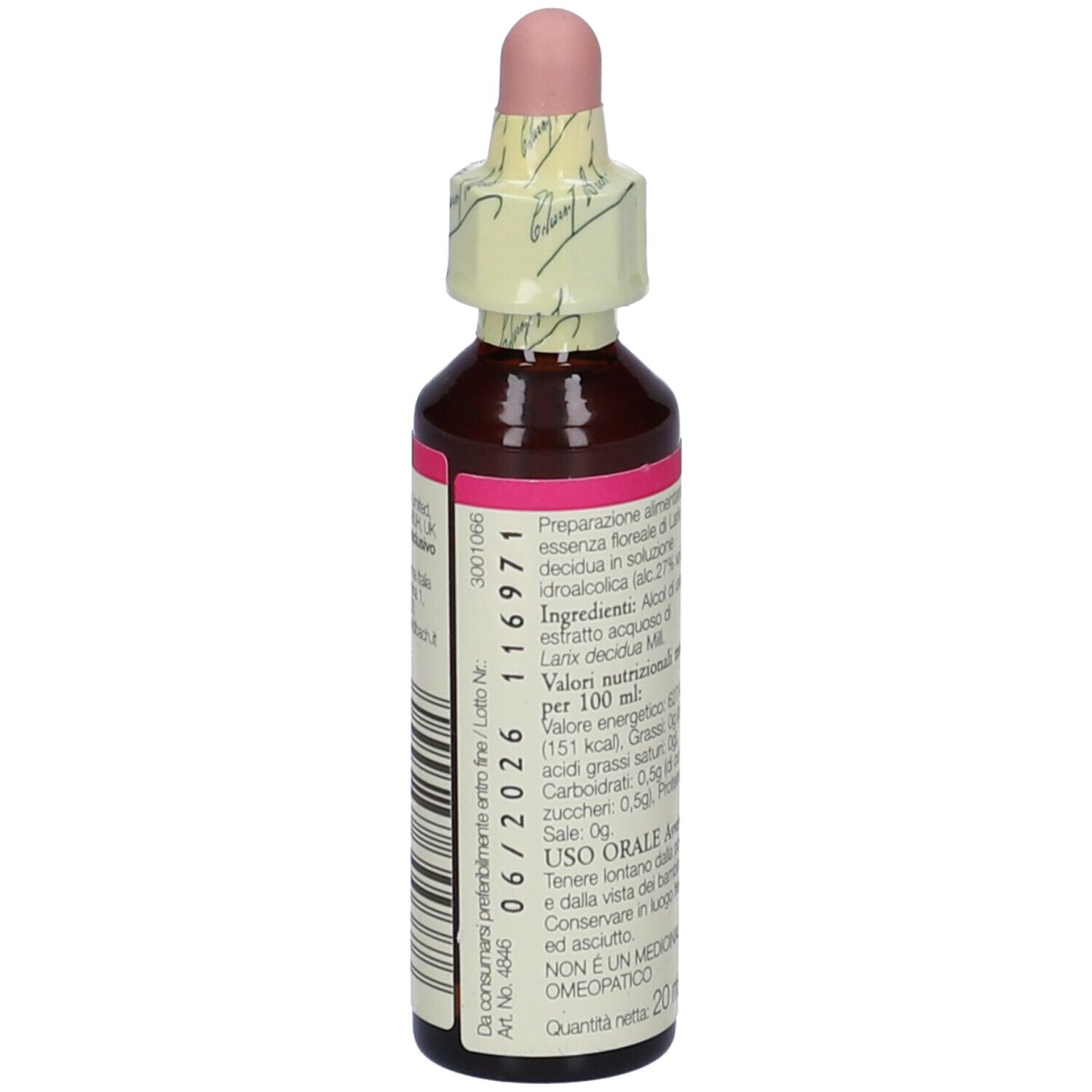 Flacone di vetro marrone con etichetta rosa. Scritta: Bach Larch. Con contagocce e chiusura di carta.
