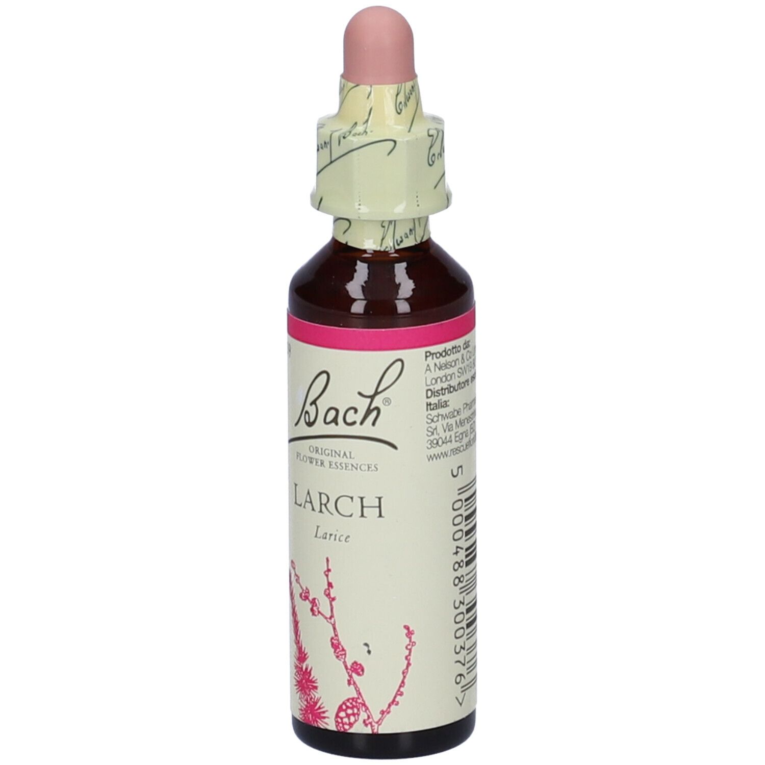 Flacone di vetro marrone con etichetta rosa. Scritta: Bach Larch. Con contagocce e chiusura di carta.