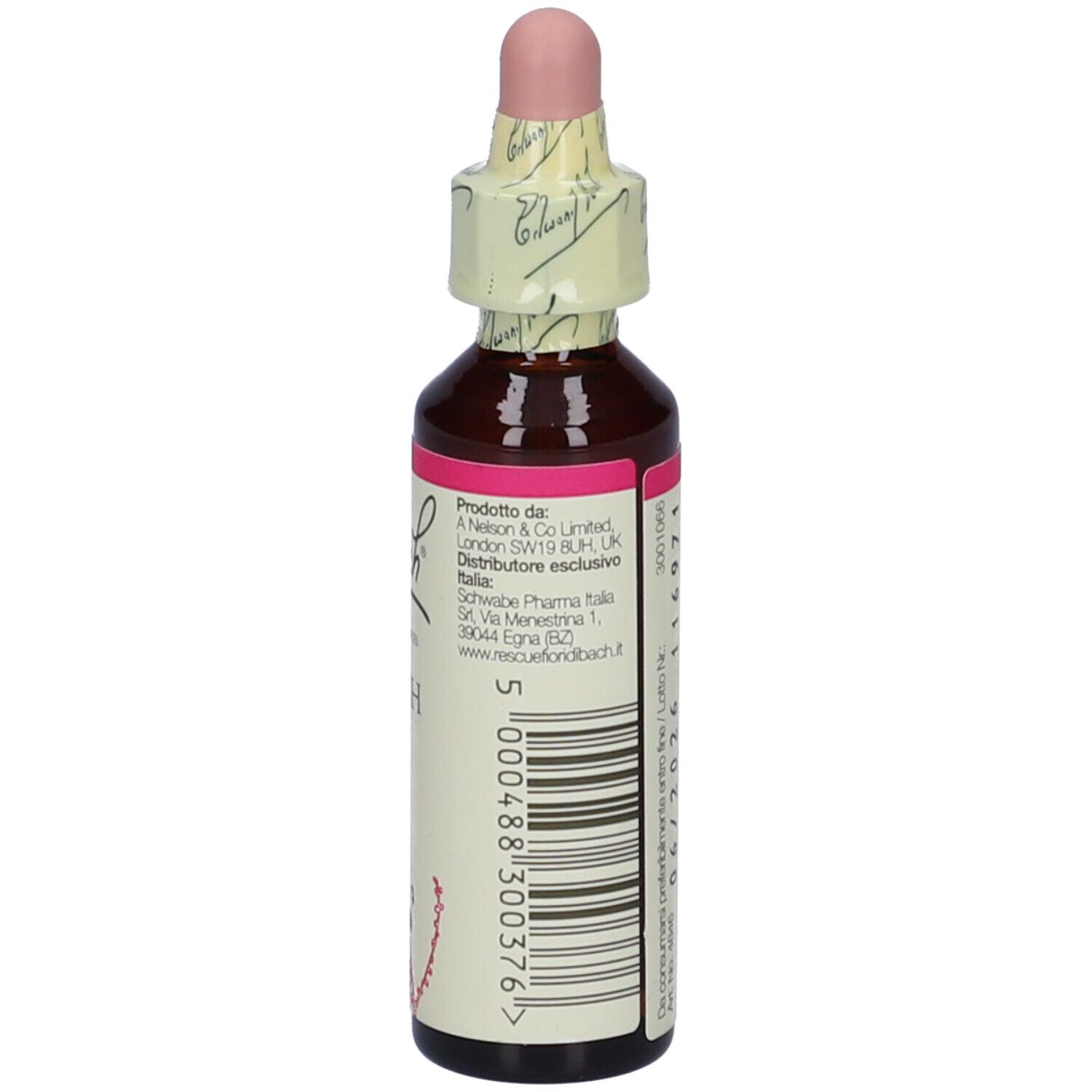 Flacone di vetro marrone con etichetta rosa. Scritta: Bach Larch. Con contagocce e chiusura di carta.