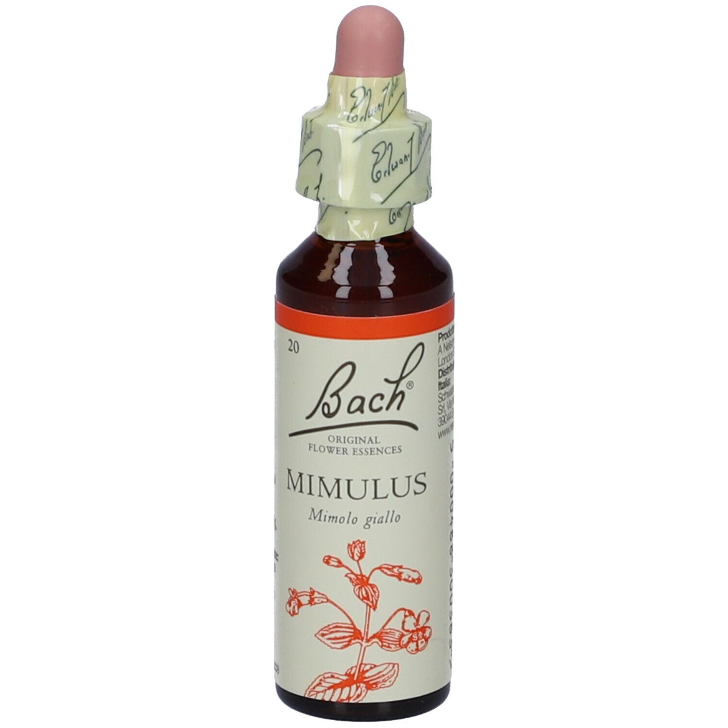 Flacone marrone con contagocce rosa. Scritta: Bach, Mimulus, Mimulus giallo. Con fascetta di carta.