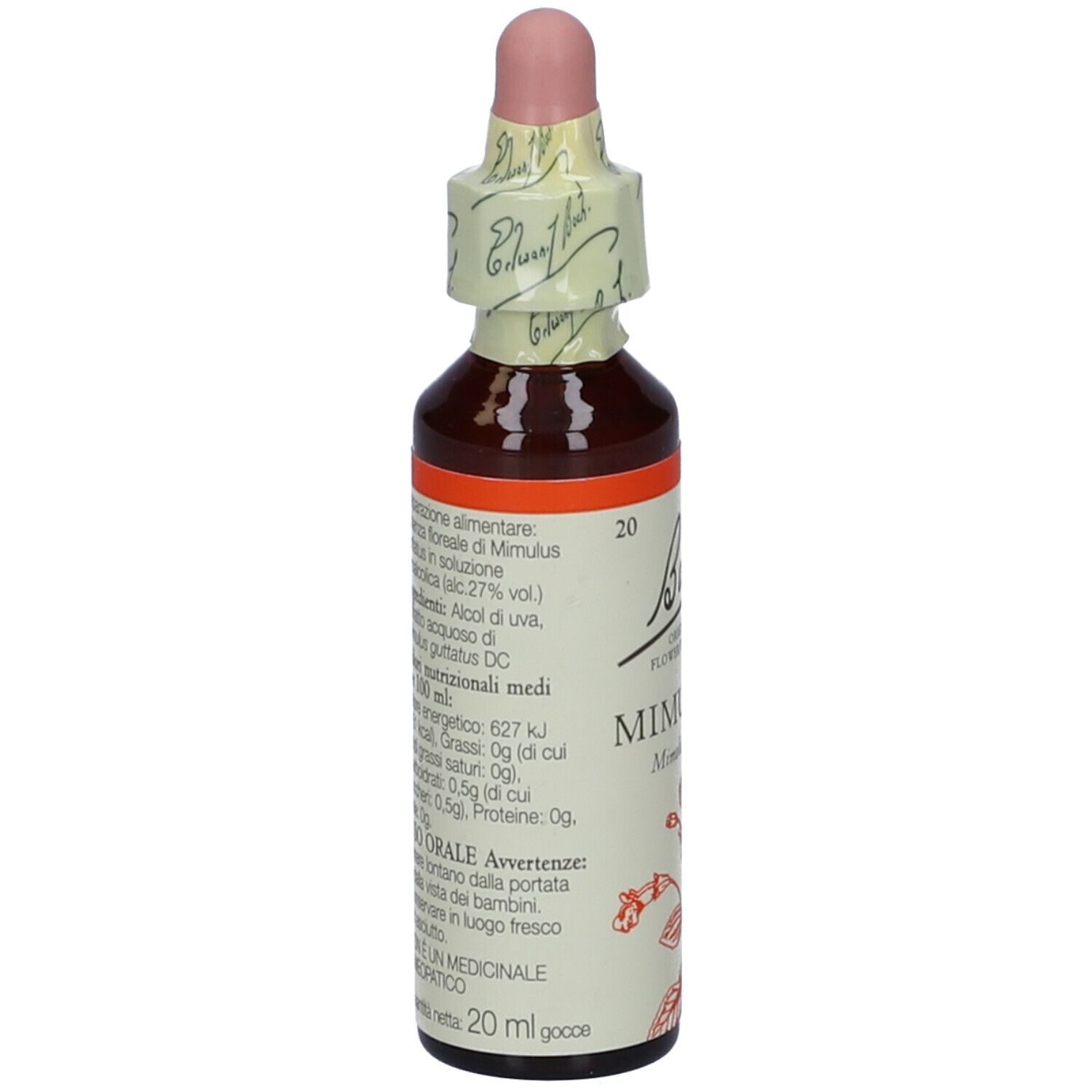 Flacone marrone con contagocce rosa. Scritta: Bach, Mimulus, Mimulus giallo. Con fascetta di carta.