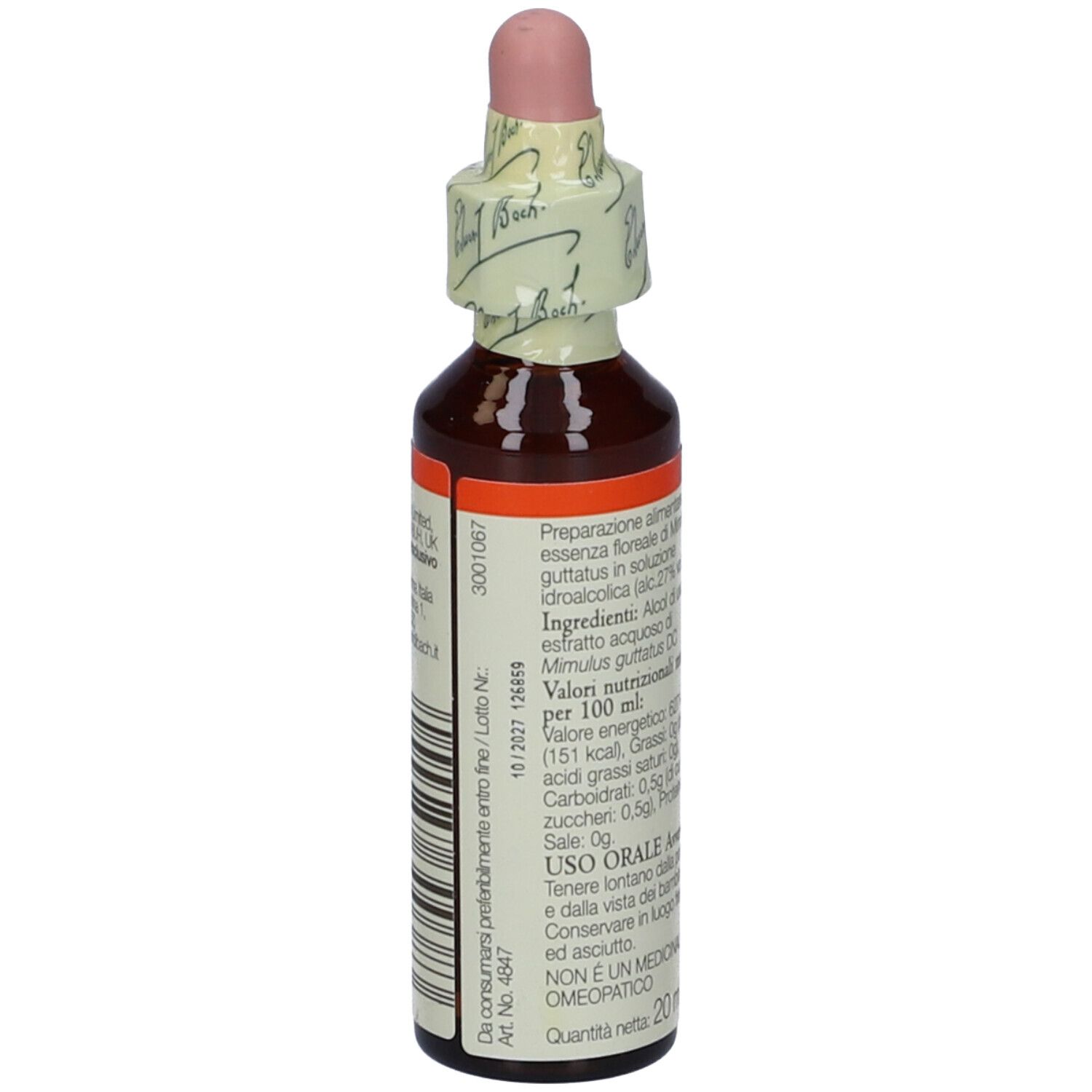 Flacone marrone con contagocce rosa. Scritta: Bach, Mimulus, Mimulus giallo. Con fascetta di carta.