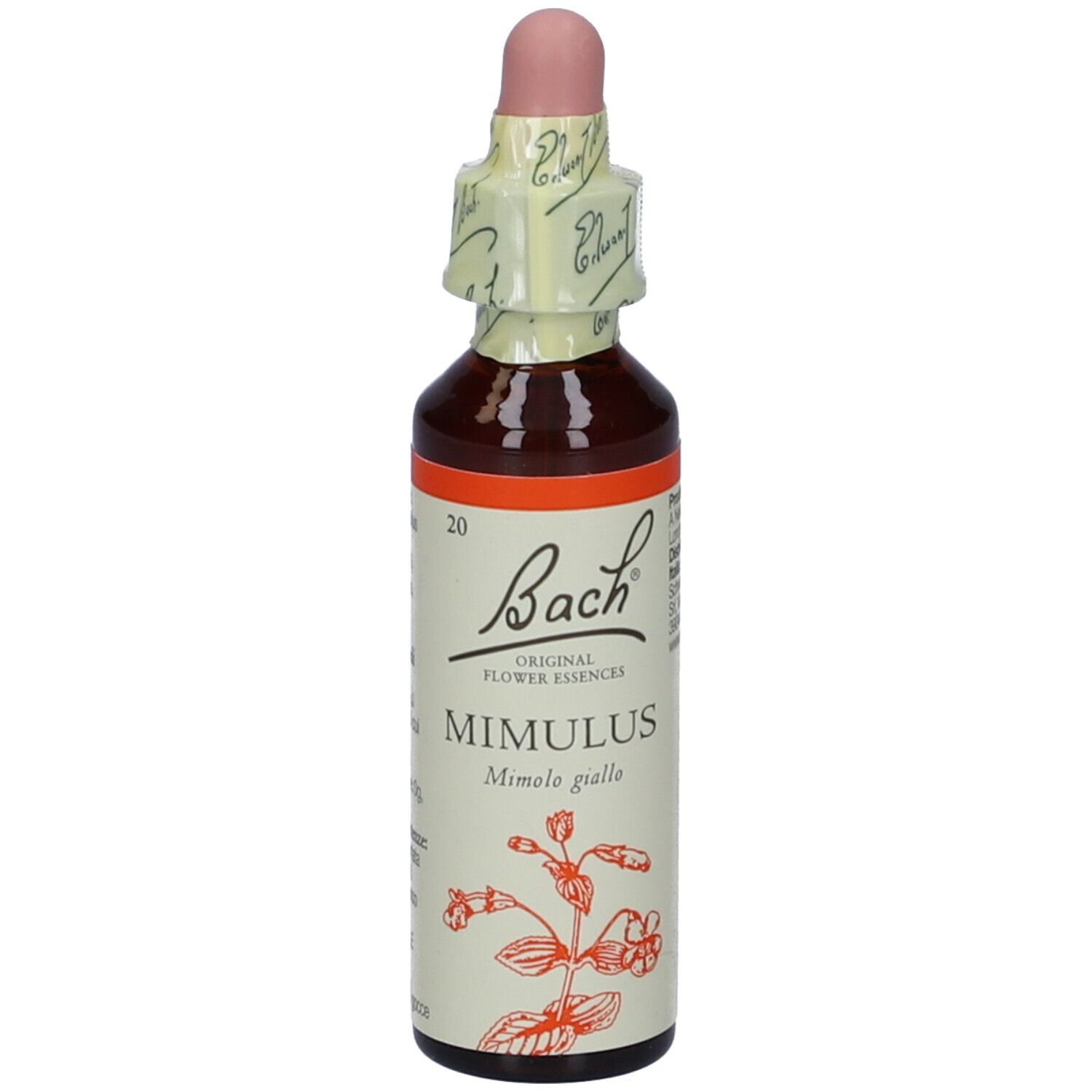 Flacone marrone con contagocce rosa. Scritta: Bach, Mimulus, Mimulus giallo. Con fascetta di carta.