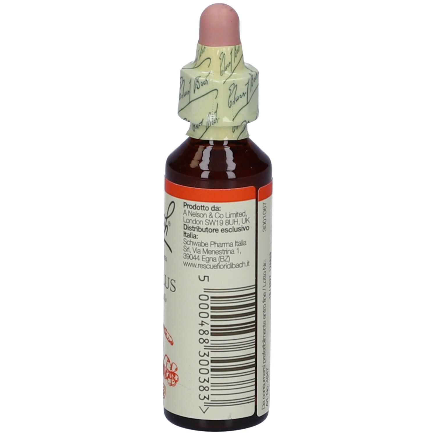 Flacone marrone con contagocce rosa. Scritta: Bach, Mimulus, Mimulus giallo. Con fascetta di carta.