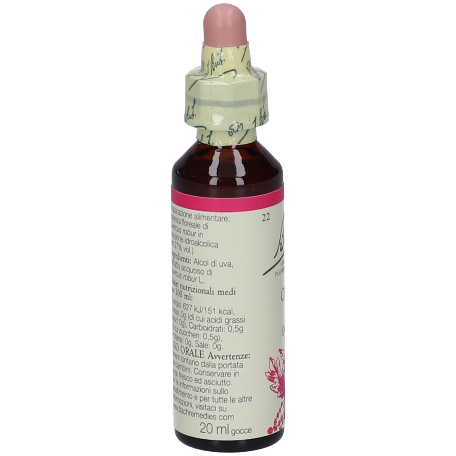 Flacone di vetro marrone, vista laterale. Etichetta con informazioni e avvertenze. Scritta: 20 ml gocce.