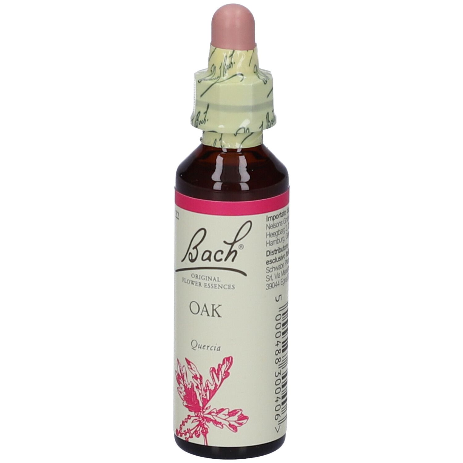 Flacone di vetro marrone con tappo rosa ed etichetta. Scritta: Bach Original Flower Essences, OAK, Quercia.